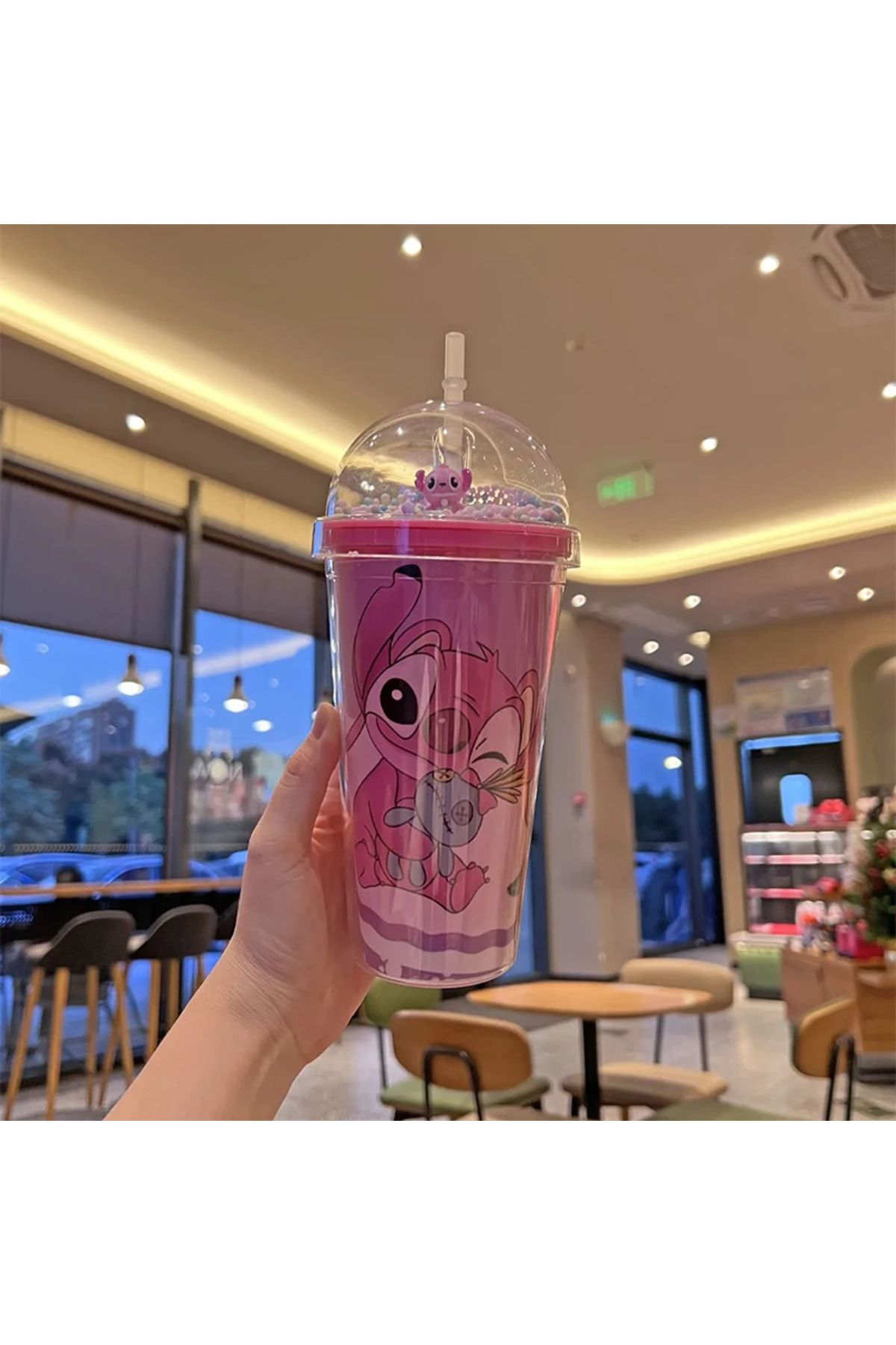 Choice-450ML A 450ML Disney Lilo & Stitch Angel Couple Cartoon Double Layer Plastic Water Cup Drink Straw M 1