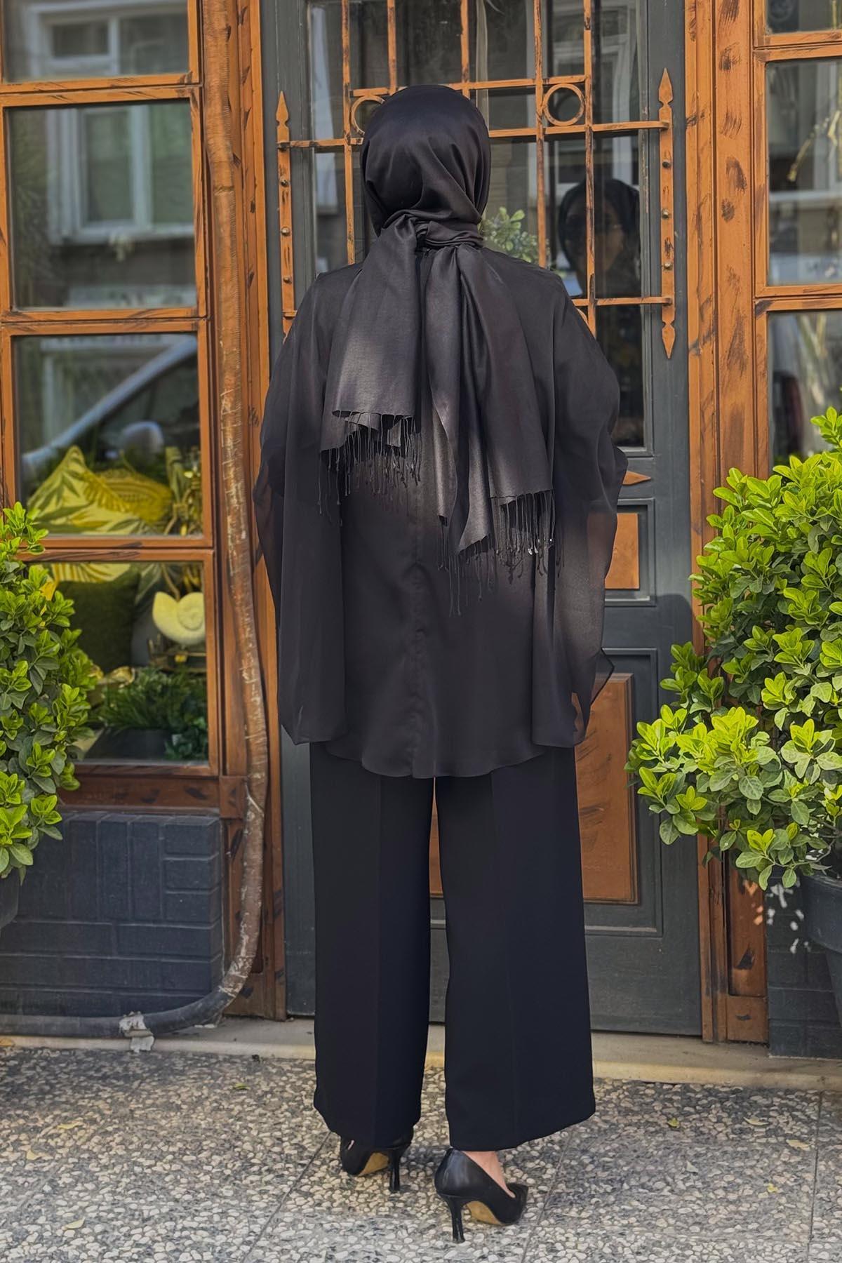 SEÇİL-Scl Sequined Stand Collar Chiffon Blouse 10002421811001   Black 4