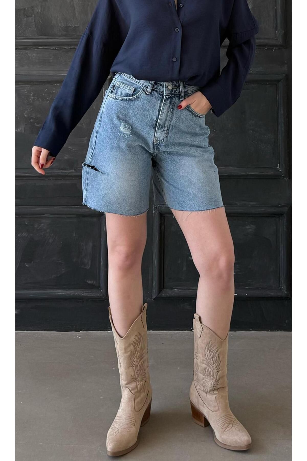 Madmext-Blue High Waist Side Ripped Denim Shorts Mg1477 3