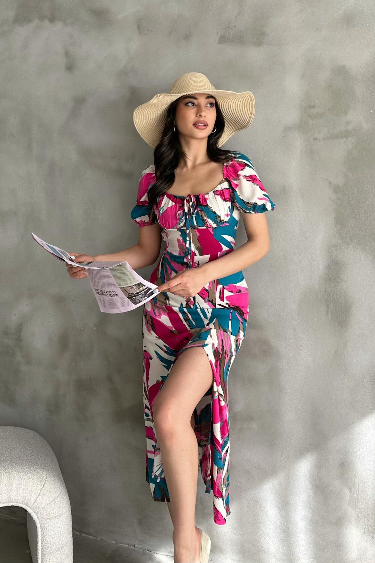 Mila-Fuchsia Patterned Slit Midi Dress 2