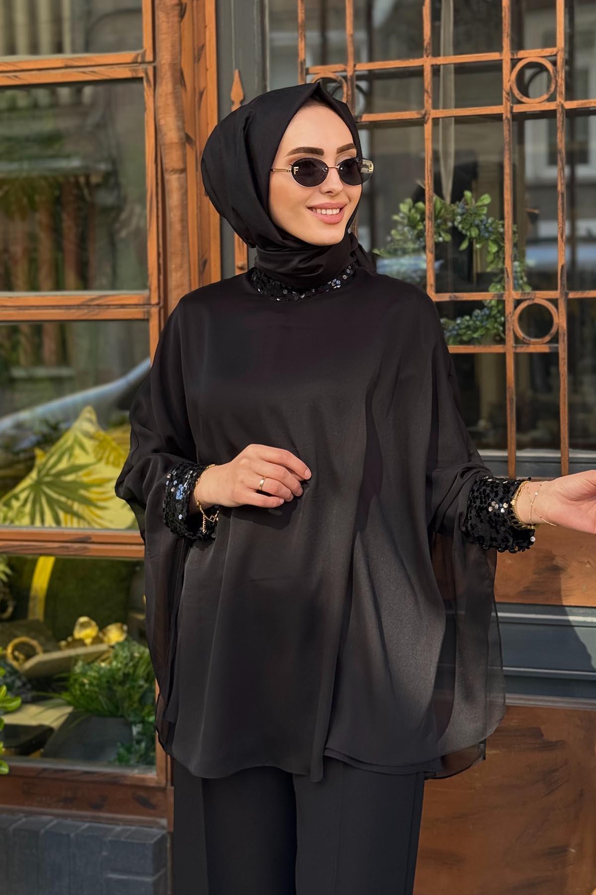 SEÇİL-Scl Sequined Stand Collar Chiffon Blouse 10002421811001   Black 3