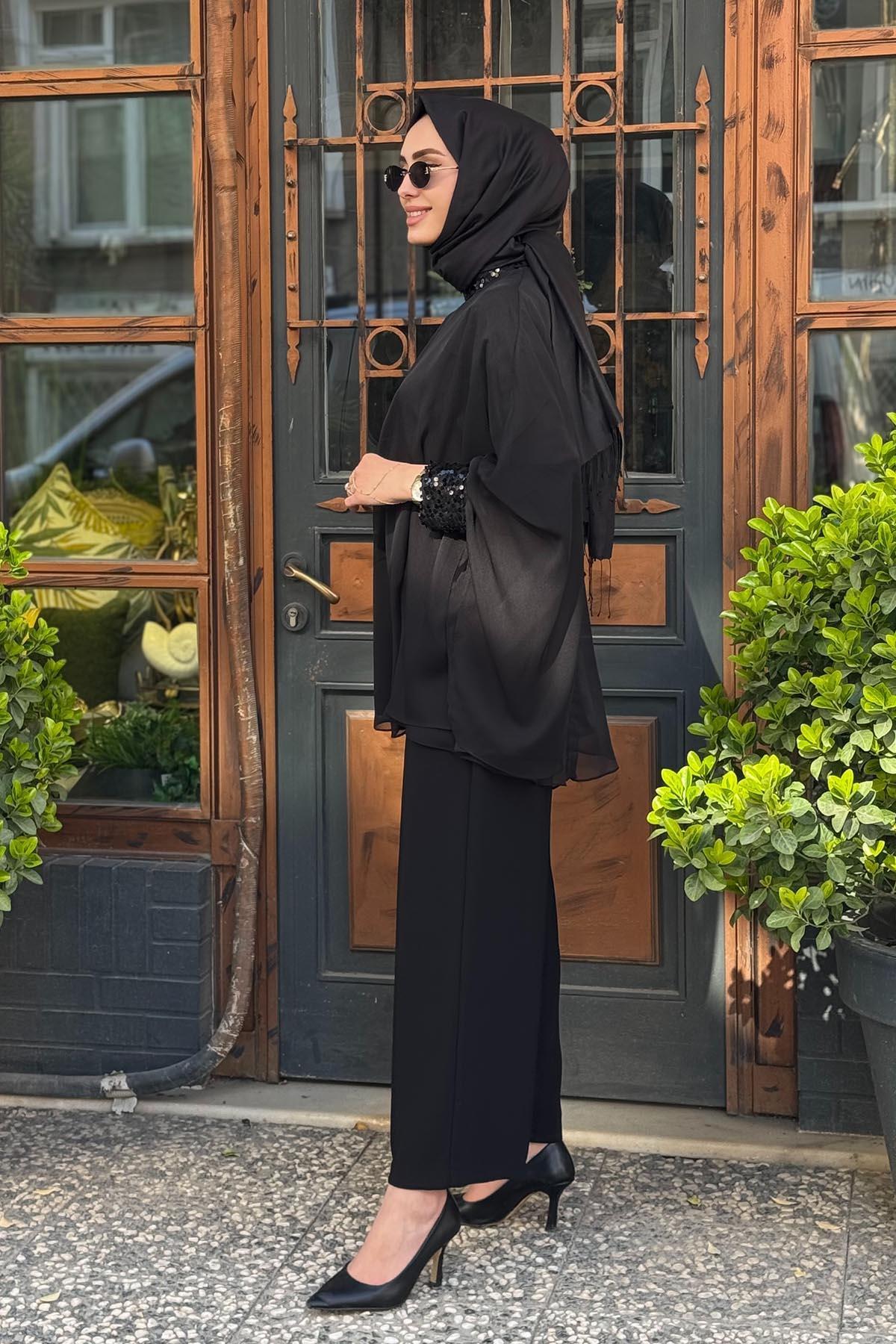 SEÇİL-Scl Sequined Stand Collar Chiffon Blouse 10002421811001   Black 2