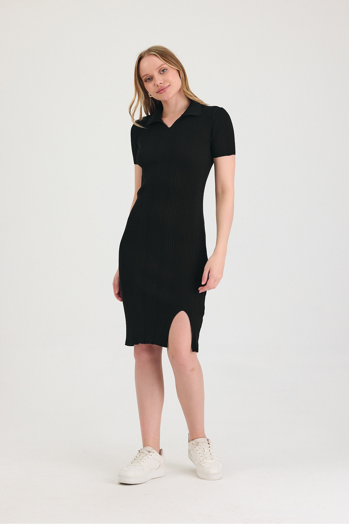 LE CARAMBOLE-Women's Black Polo Neck Slit Detailed Dress 8