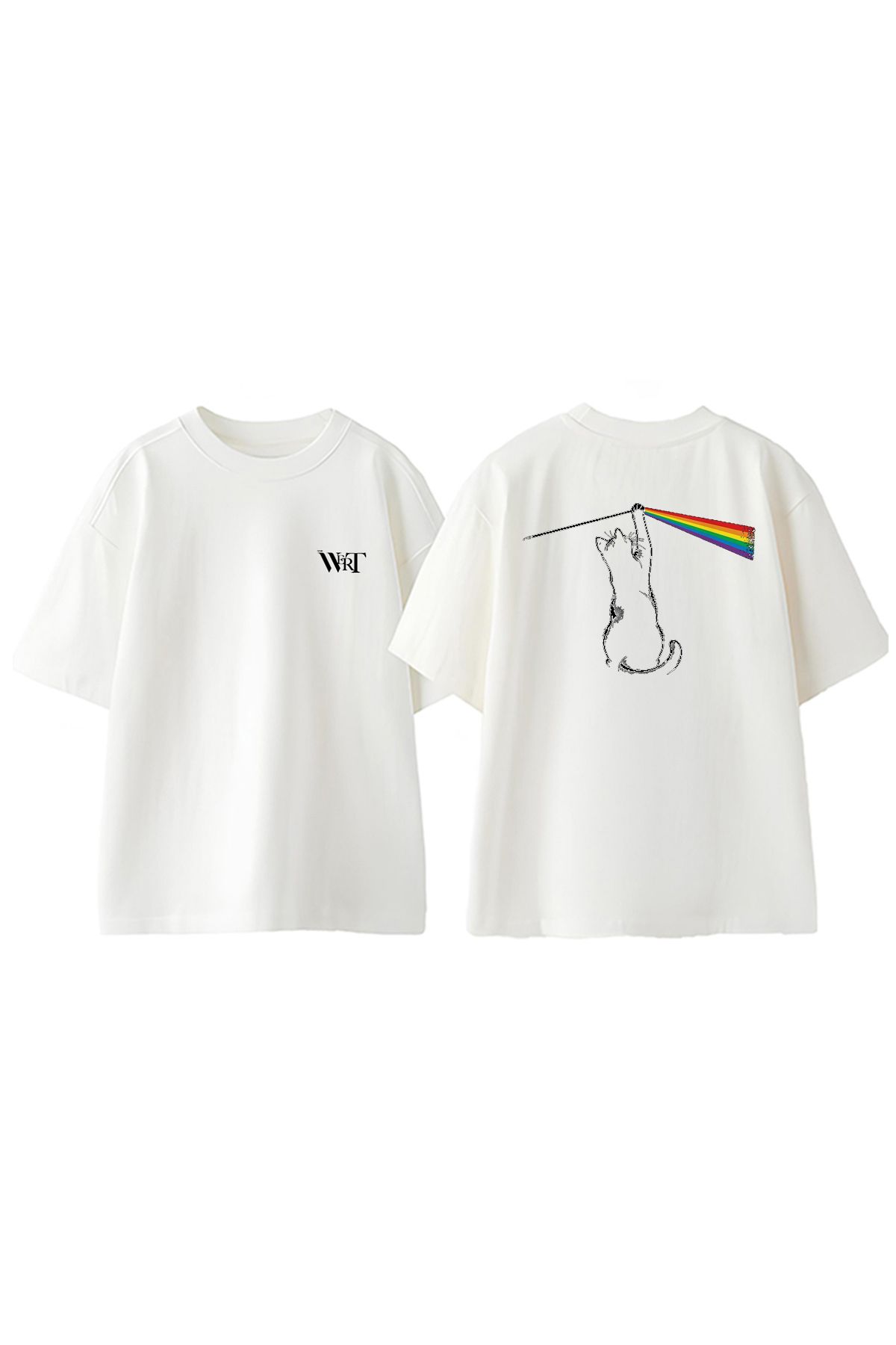 THEWERT Lustige Katze Rock Tasarım Sırt Baskılı Pamuk Beyaz Oversize T-shirt