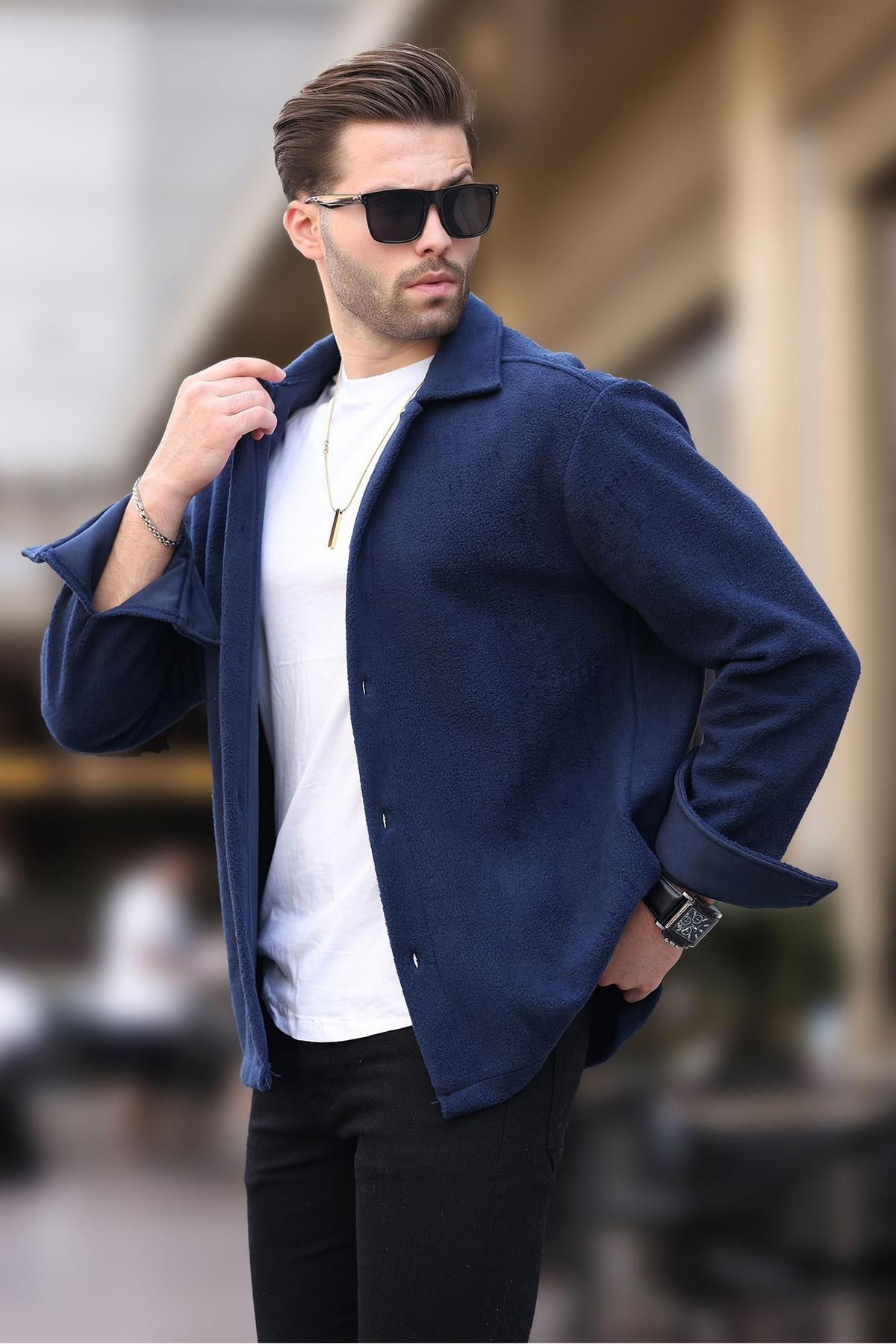 Madmext-Herren-Fleece-Hemd 6753 – Marineblau mit Knöpfen 3