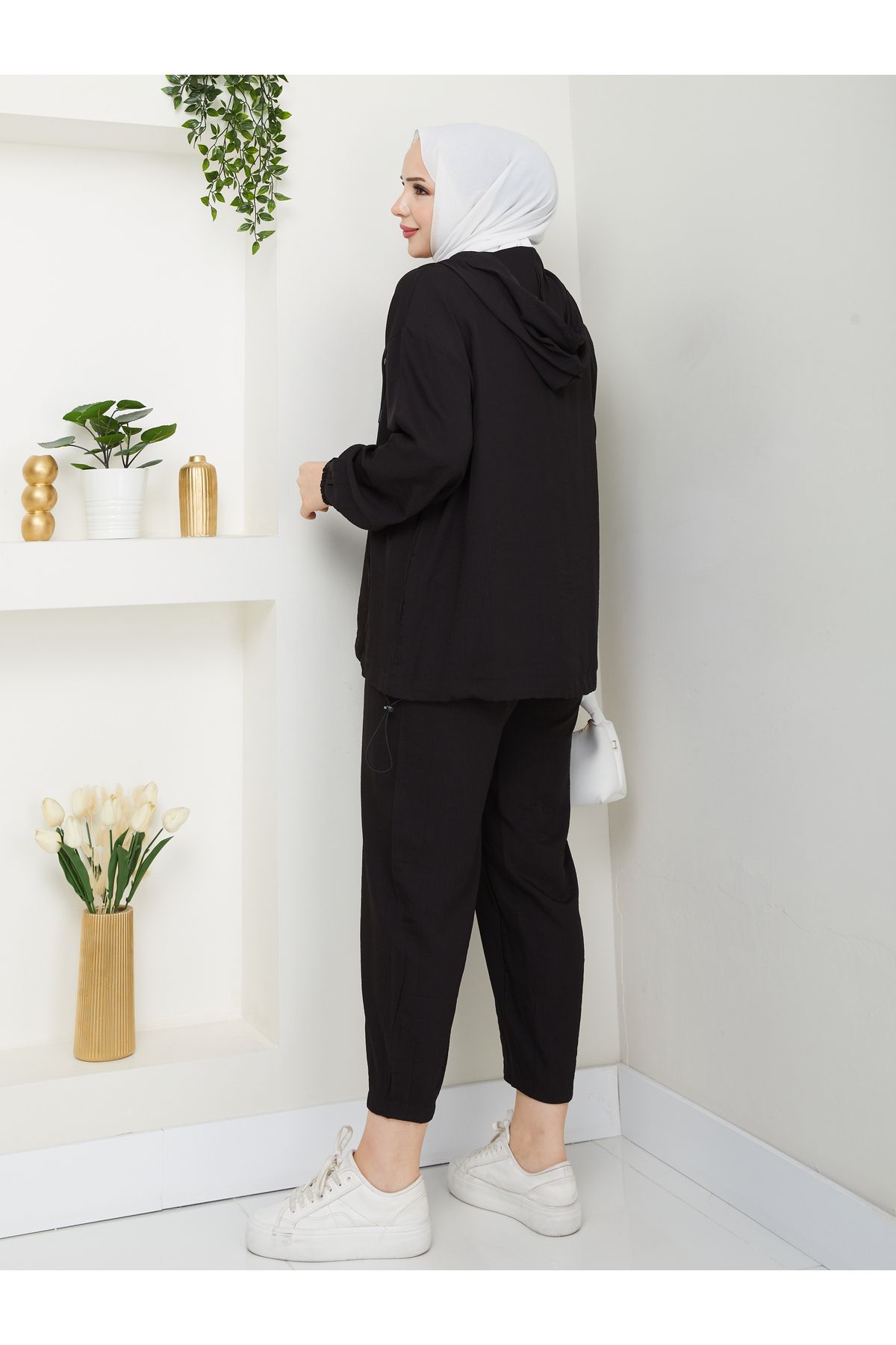 MODAMERSİ-Women's Black Hooded Sweatshirt with Button Detail on the Front, Pants, Hijab, Bottom and Top Set 8
