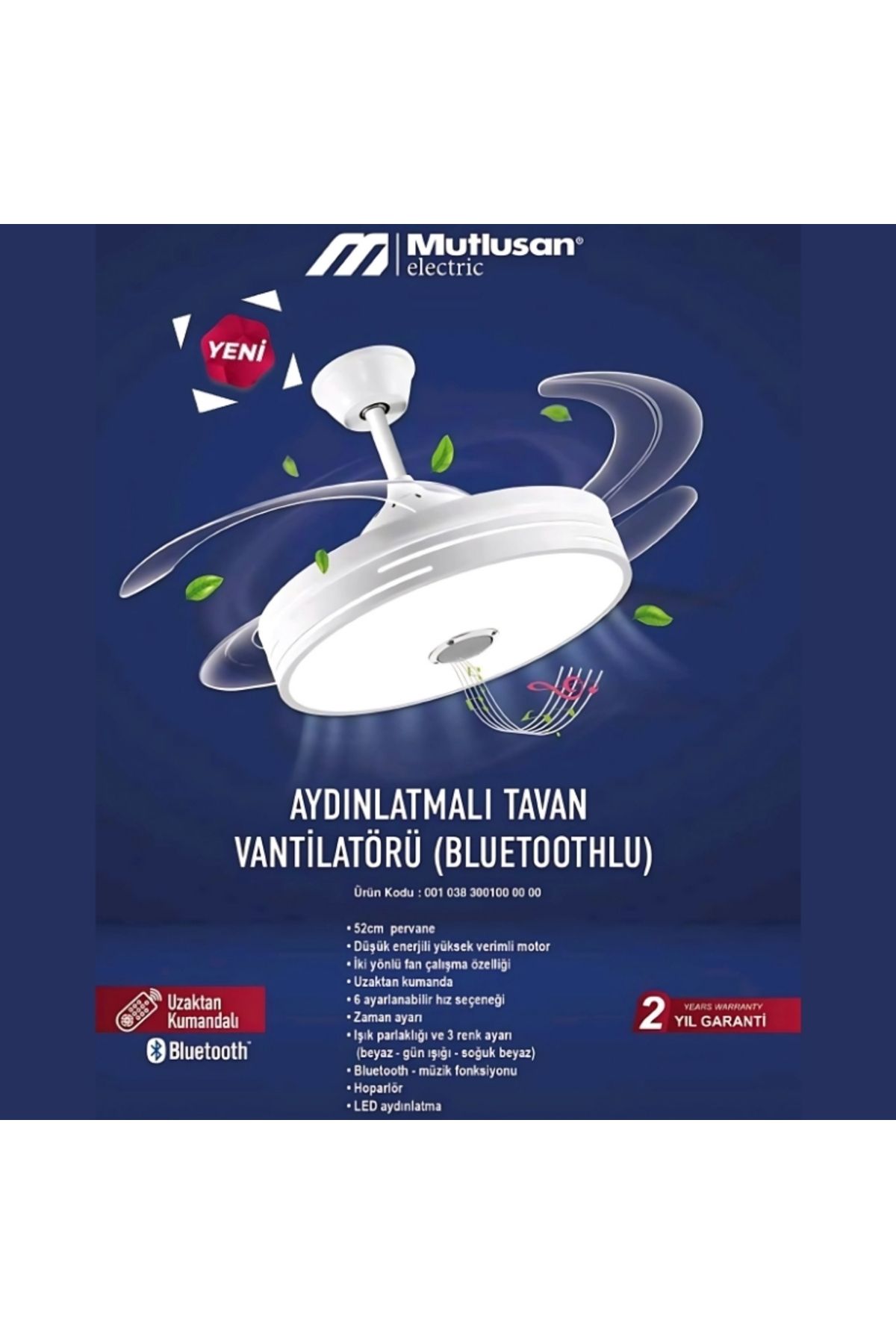 Mutlusan BLUETOOTHLU KUMANDALI AYDINLATMALI TAVAN VANTİLATÖRÜ