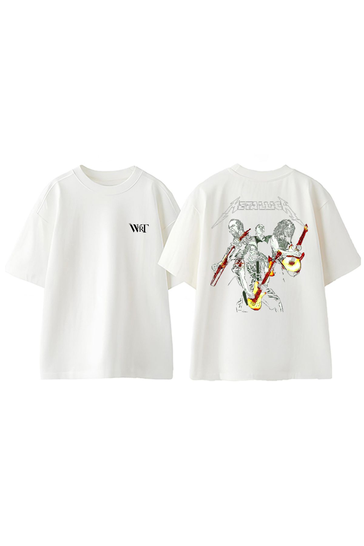 THEWERT Metallica Rock Group Tasarım Sırt Baskılı Pamuk Beyaz Oversize T-shirt
