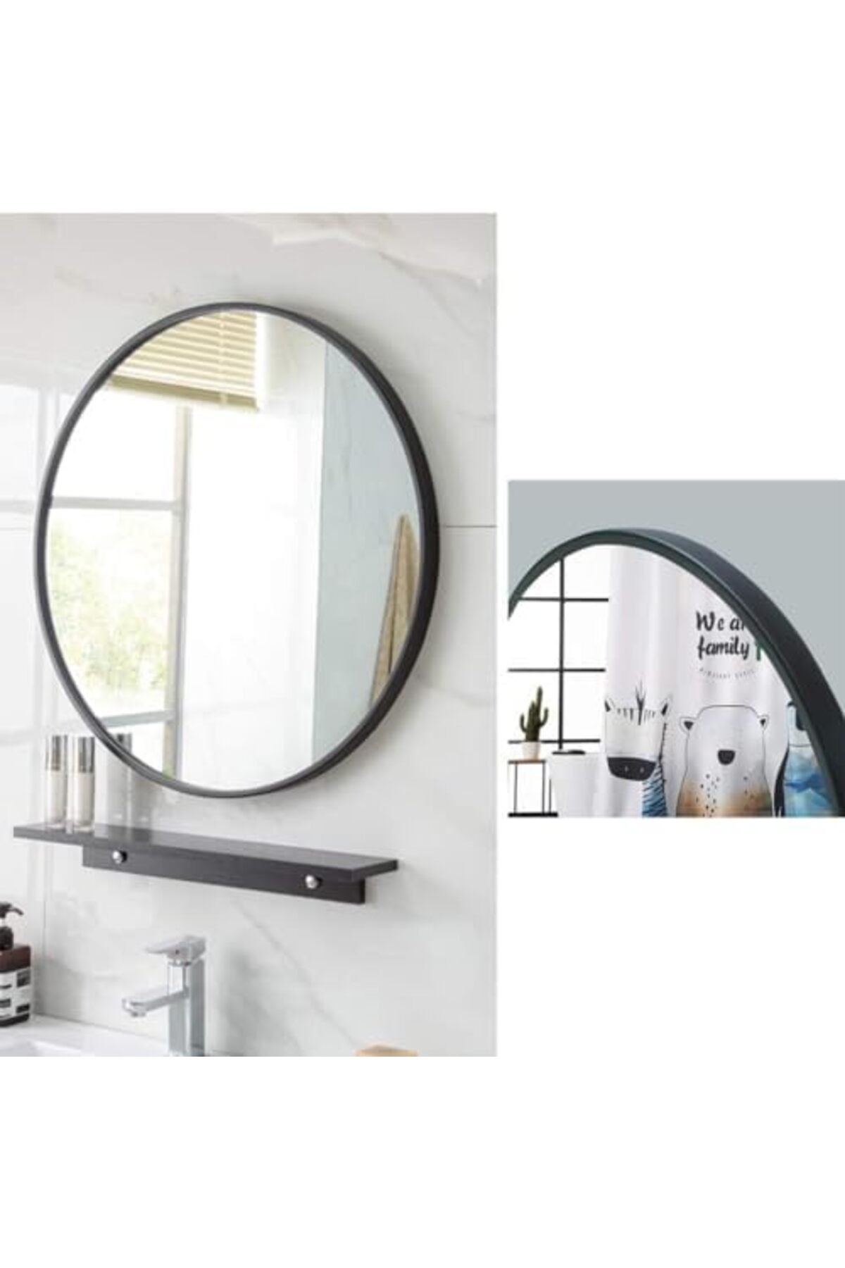 مرآة حائط دائرية للمنزل والحمام بإطار معدني أسود مقاس 40*40 من بونكا