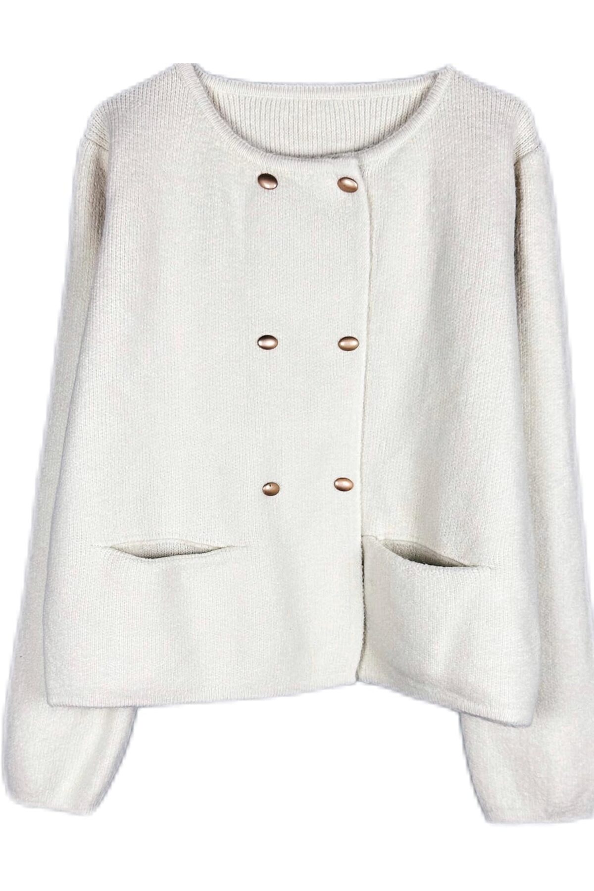 جاكيت صوف طويل أبيض عاجي بأزرار وجيوب للنساء والفتيات من BUNCA
