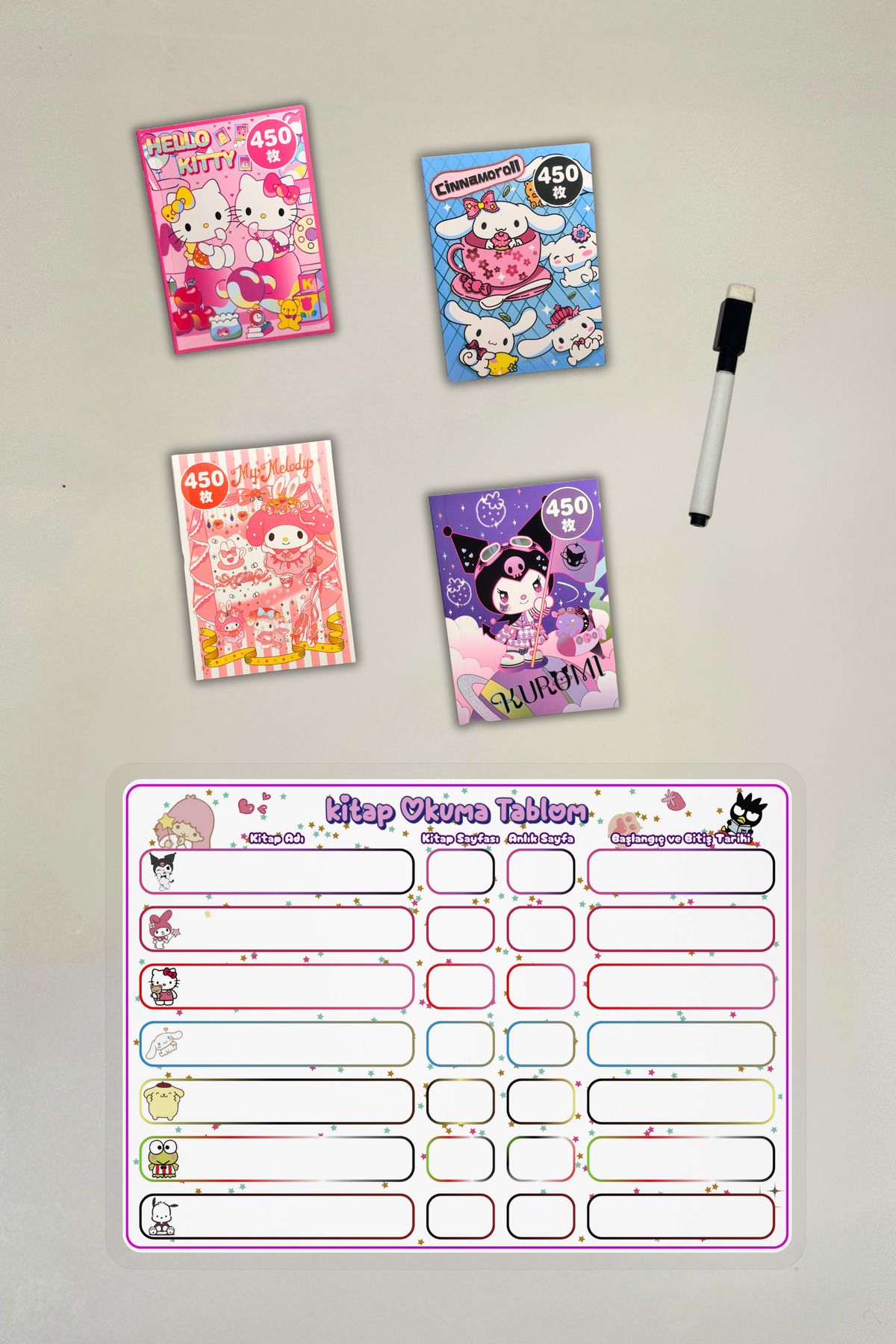 caps office Sanrio 1800+ Adet Kuromi, My Melody, Hello Kitty Sticker Defteri & Kitap Okuma Takip Planlayıcısı