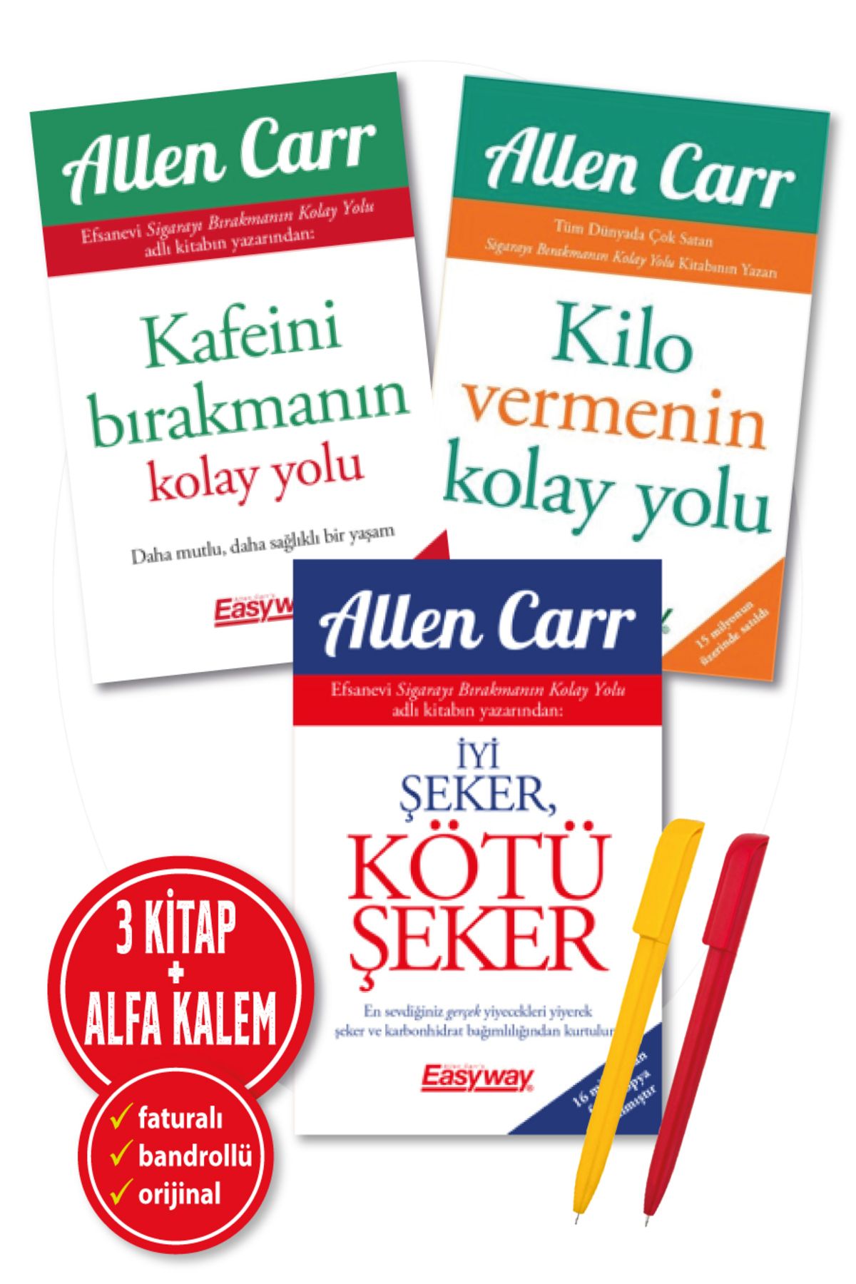 Butik Yayınları Alfa Kalem+ Kafeini Bırakmanın+Kilo Vermenin Kolay Yolu+İyi Şeker, Kötü Şeker(Allen Carr 3 Kitap)