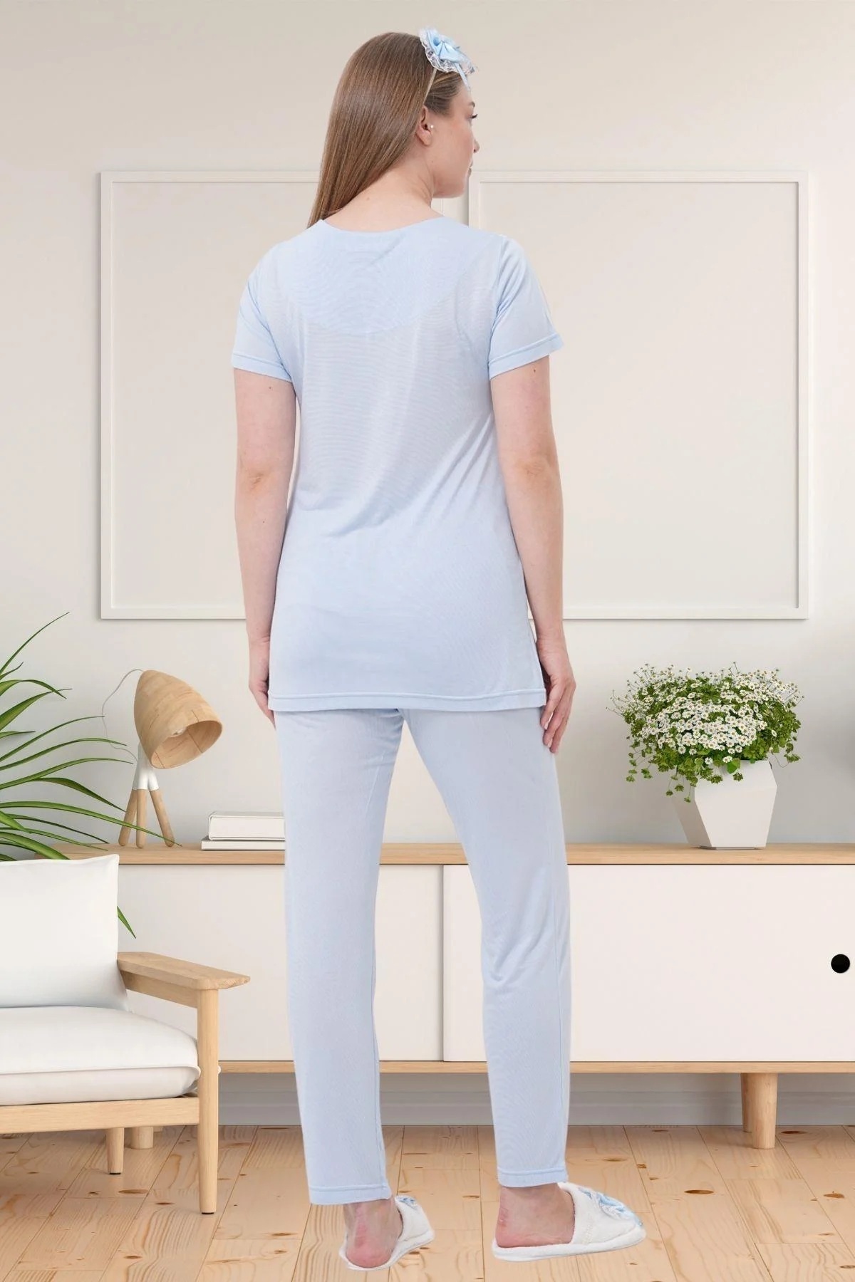 By Mecit Pijama-Women's Long Dressing Gown Maternity (Pregnant) 2-Piece Short Sleeve Laced Pajama Set 75% Cotton 25% Viscose 5