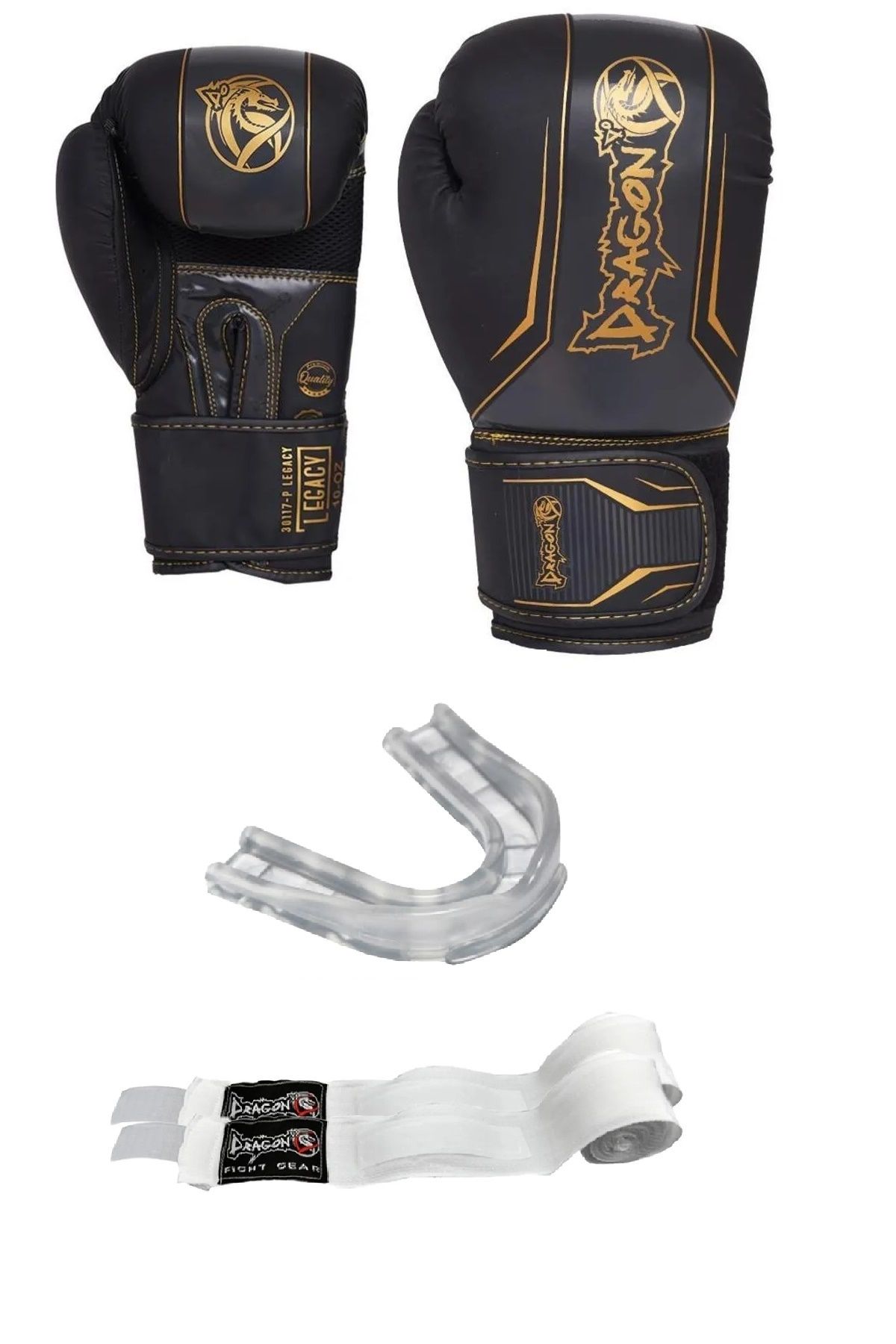 Dragondo Legacy Boks Kick Boks Muay Thai Eldiveni Beyaz Bandajlı şeffaf dişlik 3'lü set