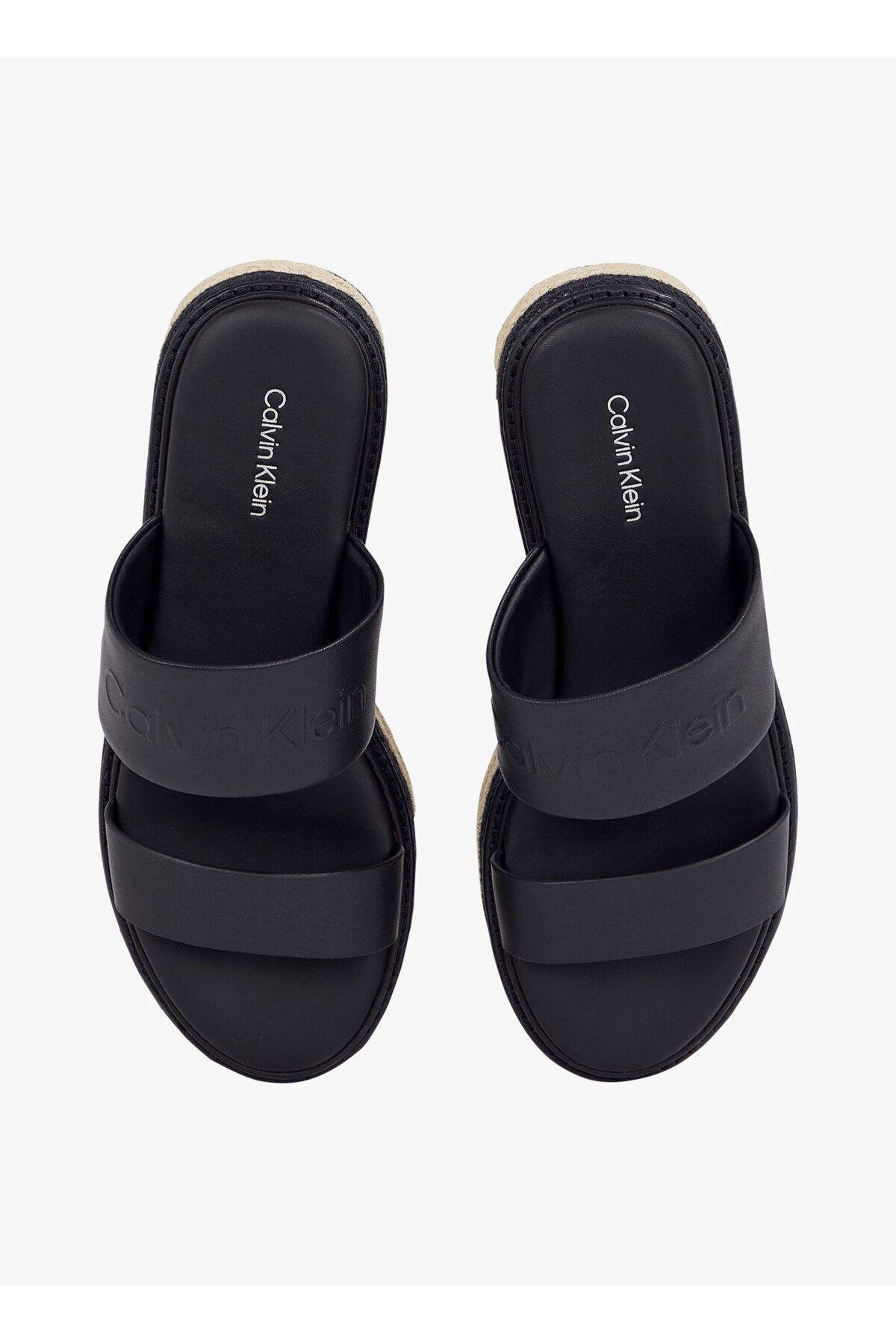 Calvin Klein-Women's Thick Heel Straw Heel Double Strap Comfortable Black Slippers Hw0Hw02374-Beh 5
