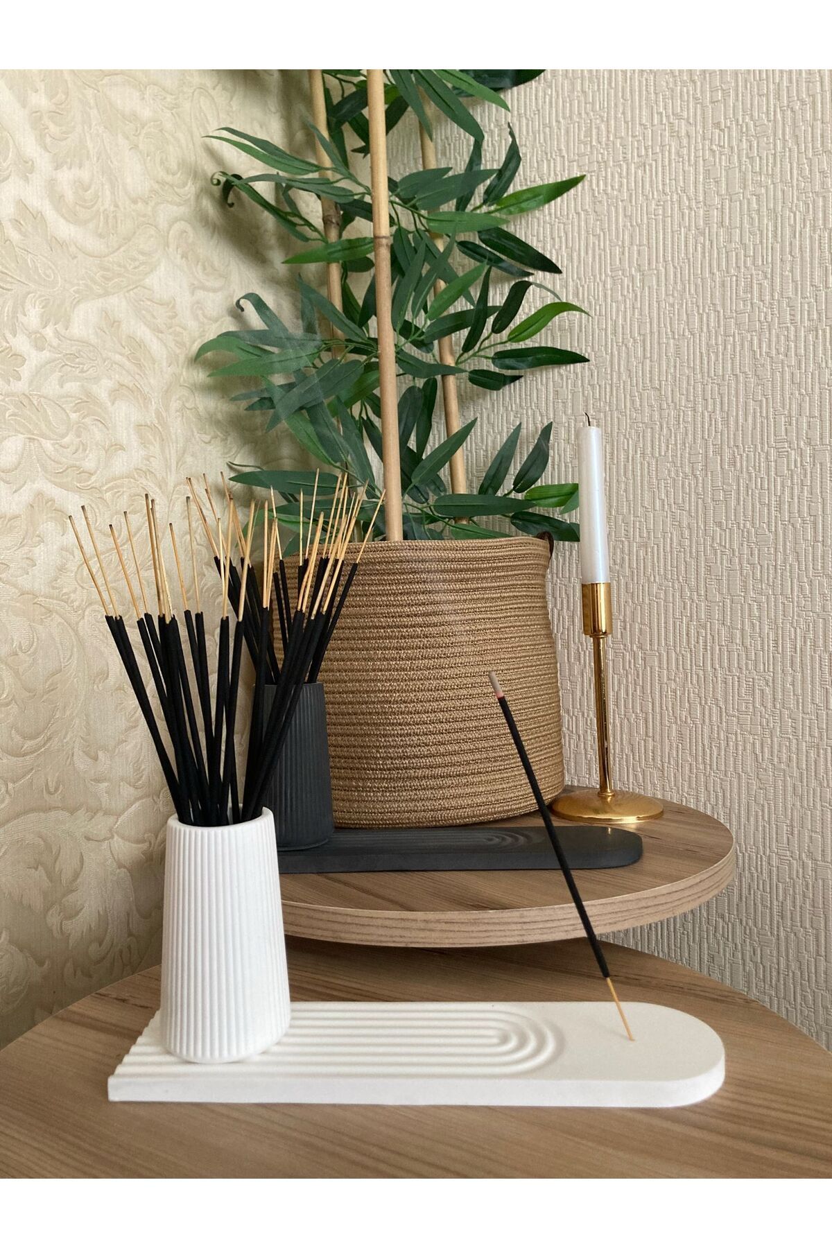Elan Design Dekoratif 2'li Çizgili Tütsülük ve Tütsü Saklama Vazosu (Siyah & Beyaz)