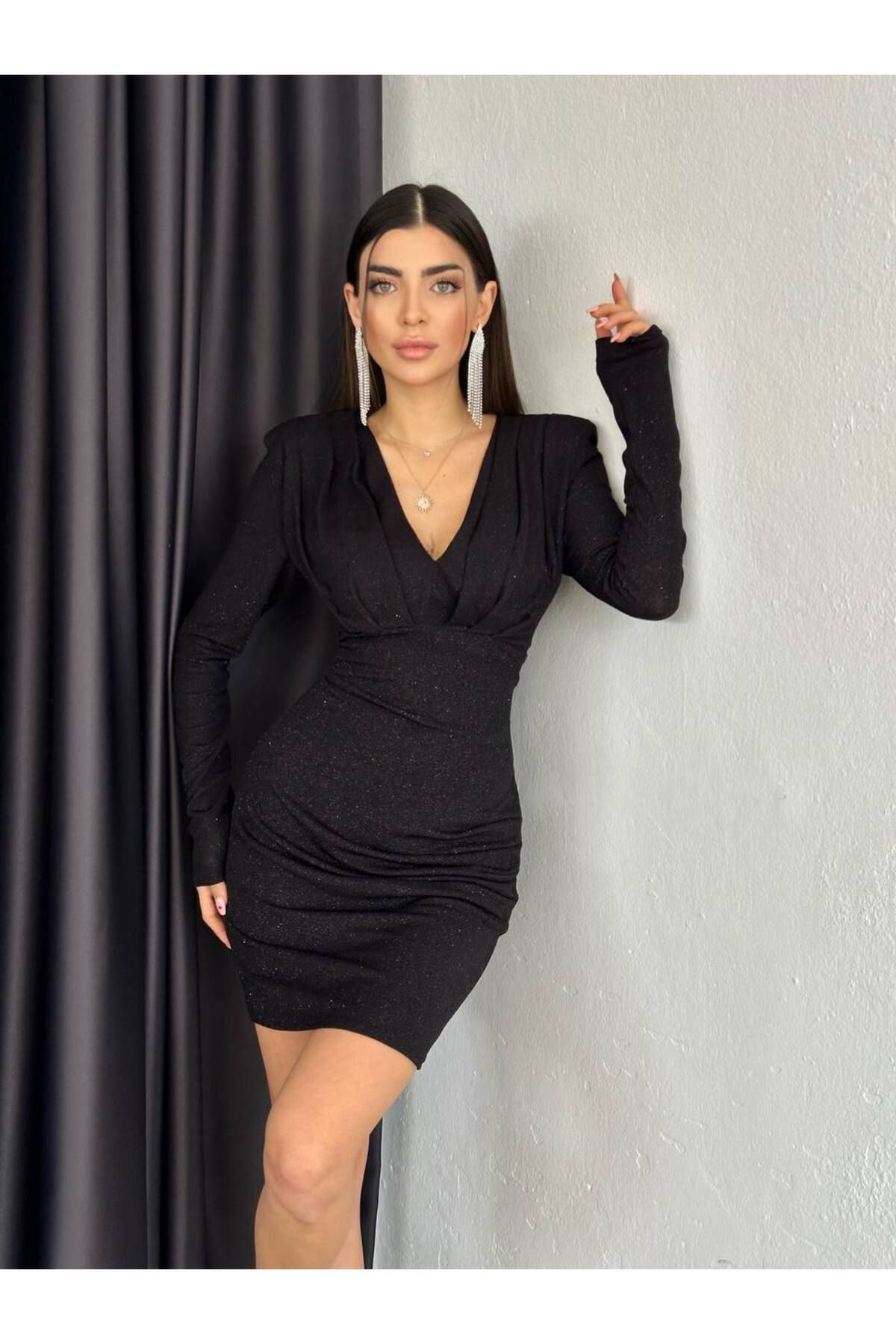 rşnmoda Kadın Siyah Simli V yaka Kruvaze mini Gece Mezuniyet Elbisesi