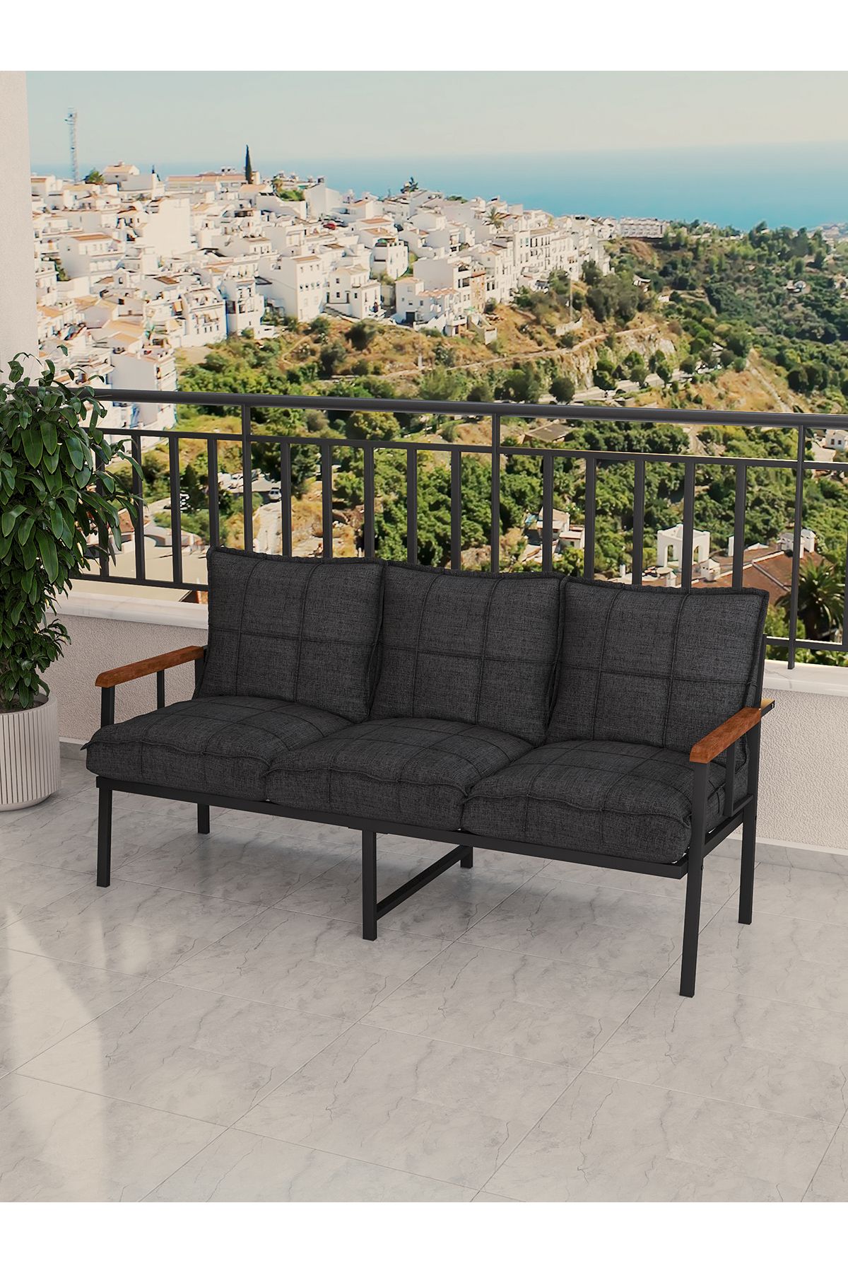 Mygusi Modern Balkon, Bahçe, Cafe, Metal Koltuk, Kanepe Üçlü - Antrasit
