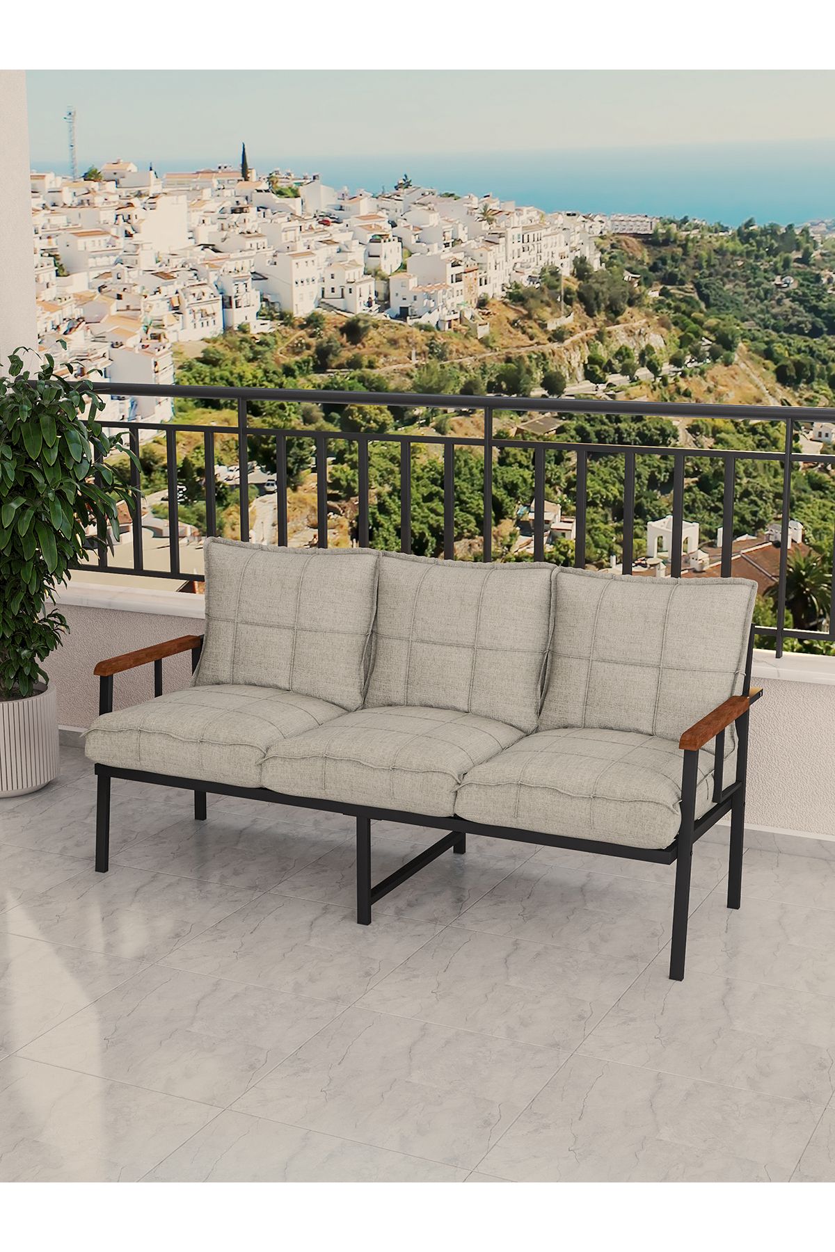 Mygusi Modern Balkon, Bahçe, Cafe, Metal Koltuk, Kanepe Üçlü - Krem