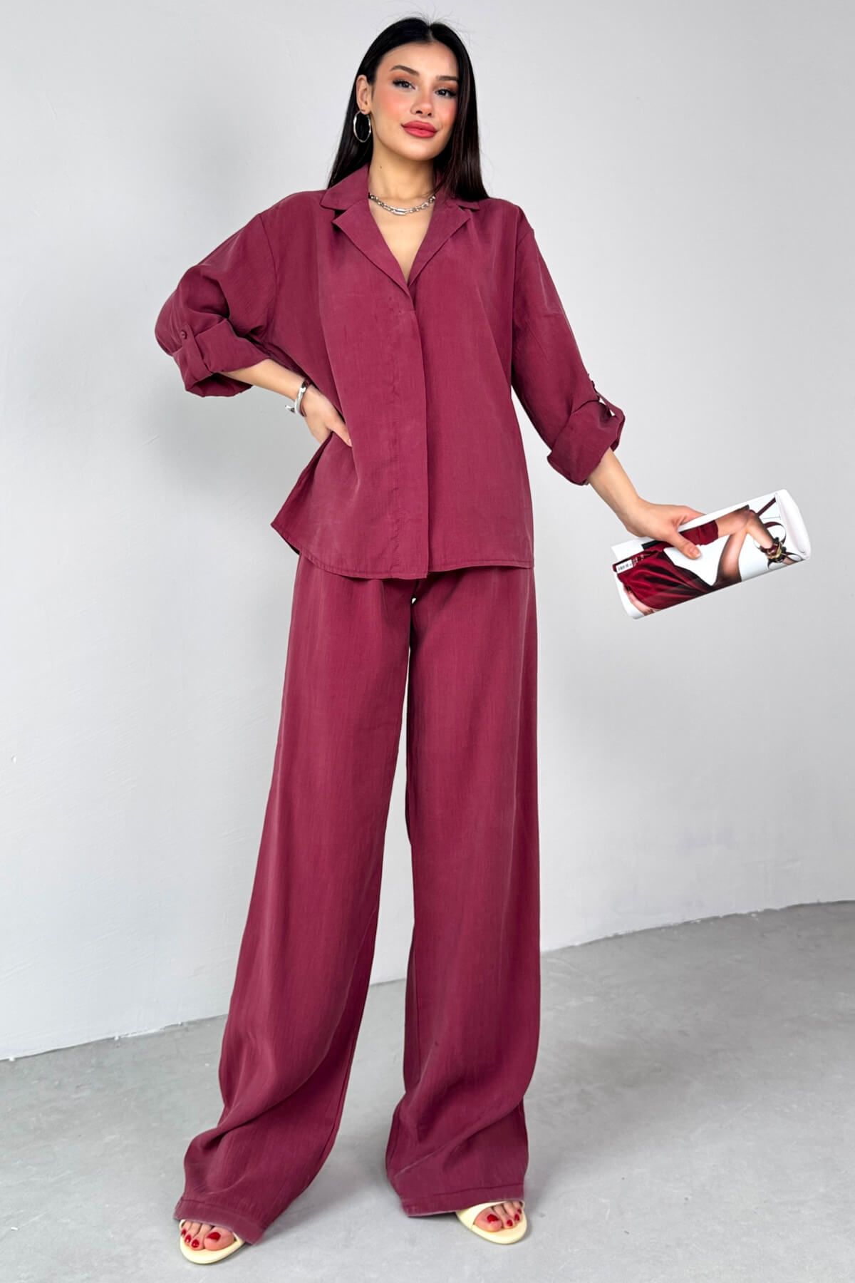 Cappmoda TKM-13271 Bordo Dokuma Kruvaze Yaka Gömlek Salaş Pantolon İkili Takım