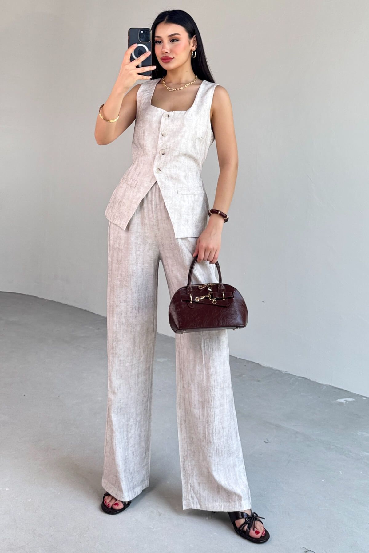 Cappmoda-Tkm-13270 Stone Color Buttoned Pocket Detailed Vest High Waist Palazzo Trousers Two-Piece Set 7