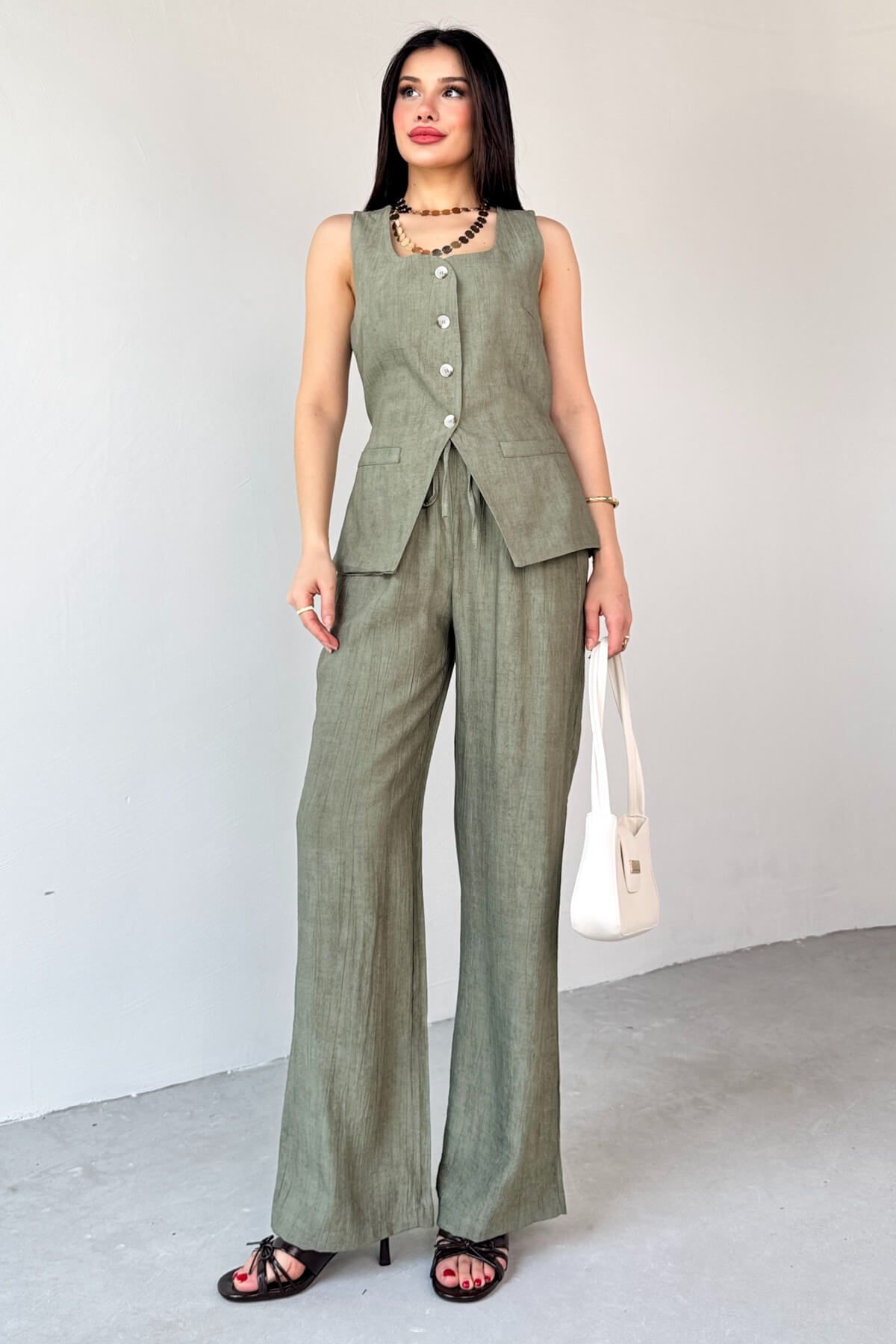 Cappmoda-Tkm-13270 Khaki Buttoned Pocket Detailed Vest High Waist Palazzo Pants Set of Two 4