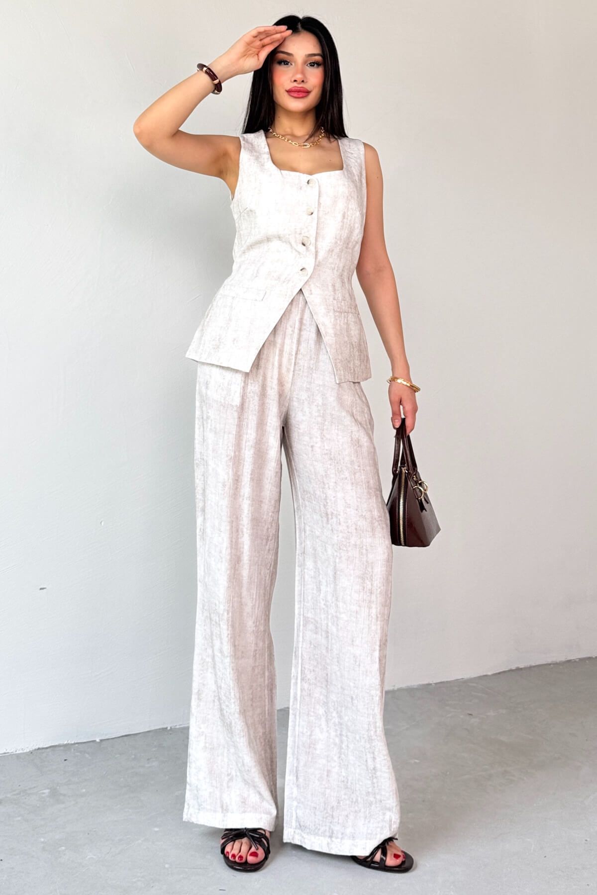Cappmoda-Tkm-13270 Stone Color Buttoned Pocket Detailed Vest High Waist Palazzo Trousers Two-Piece Set 3