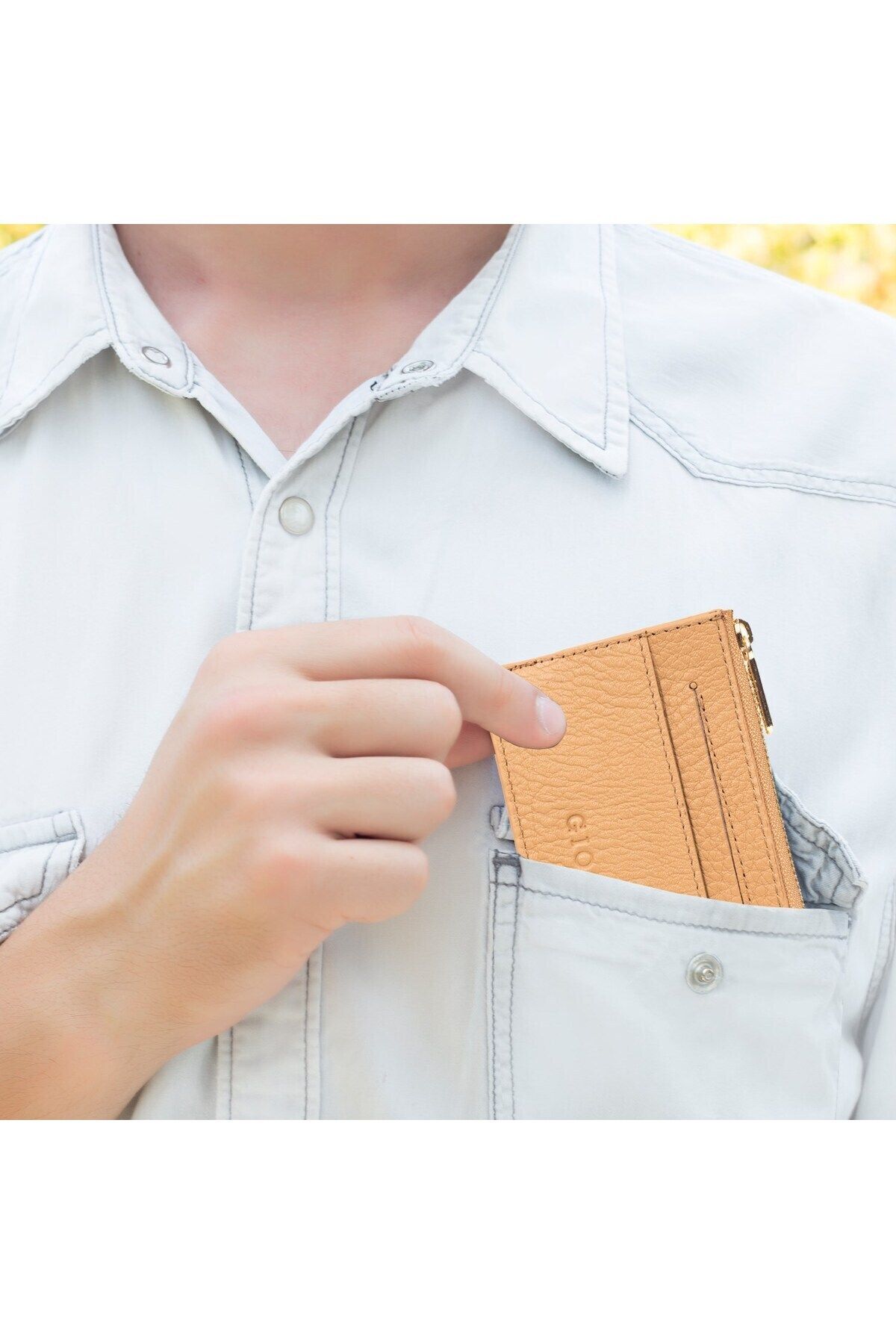 gio&mi-Davin Genuine Leather Men's Orange Card Holder Wallet with Coin Compartment and Zipper 7