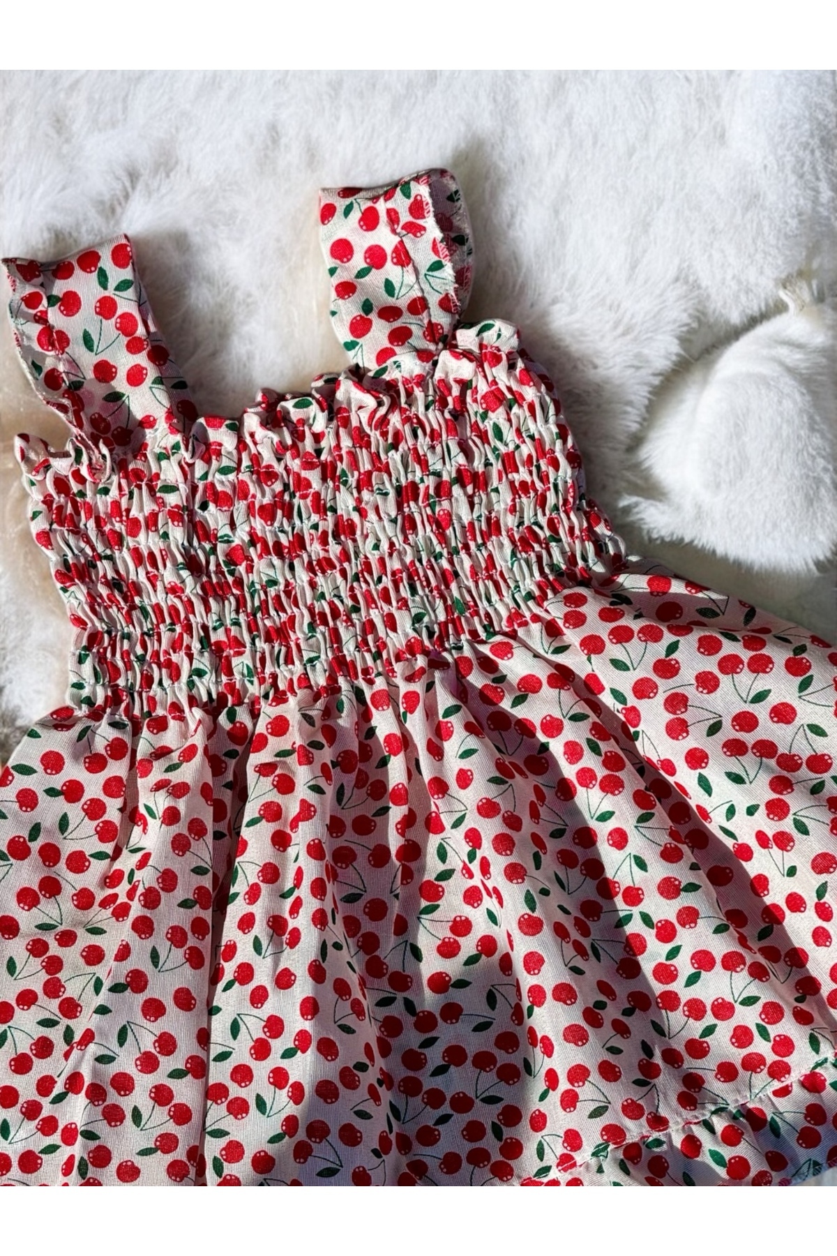 eradkids KIZ ÇOCUK ELBİSE Yeni Sezon Kiraz detaylı Fırfır yazlık elbise askılı/ Kız bebek elbise fotoğrafı 3 (önizleme)