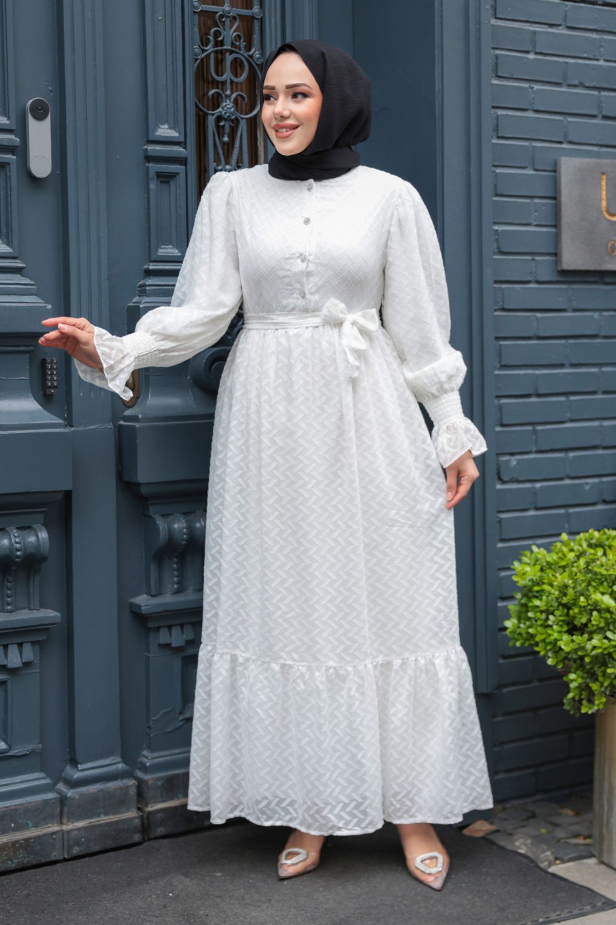 N.S NEVA STYLE-Buttoned White Hijab Dress 13902B 2
