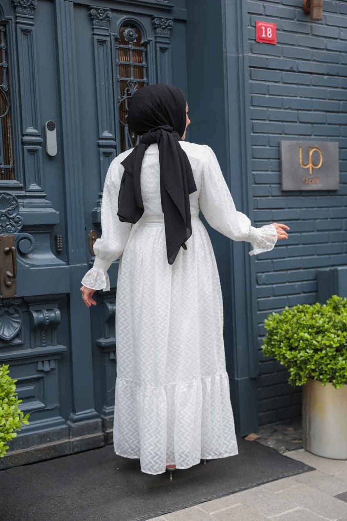 N.S NEVA STYLE-Buttoned White Hijab Dress 13902B 3