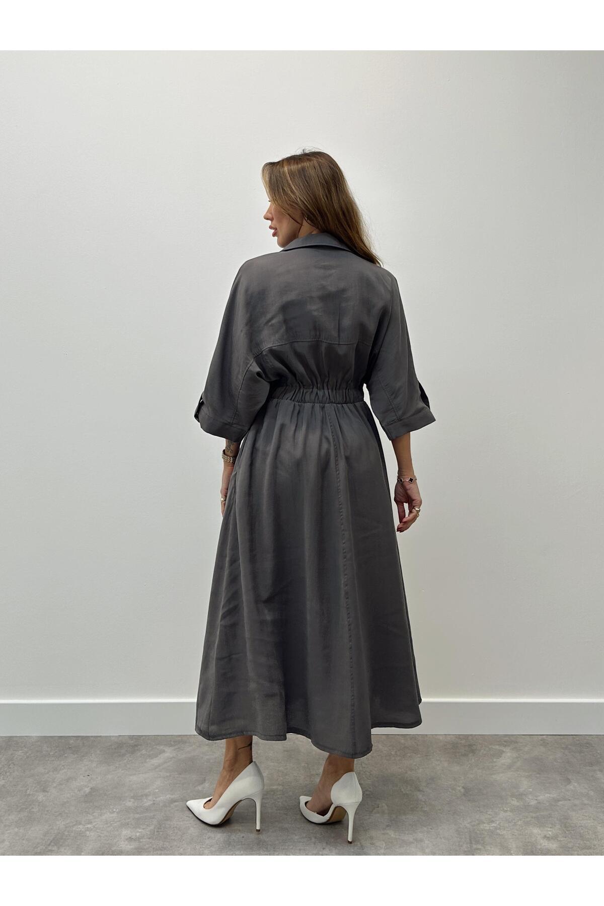 Maldia Shop-Women's Elastic Waist Snap Button Anthracite Shirt Dress 4