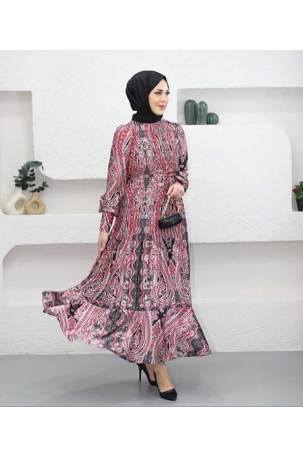Beray-25Y91086 Dress Satin Ethnic Patterned Red 1