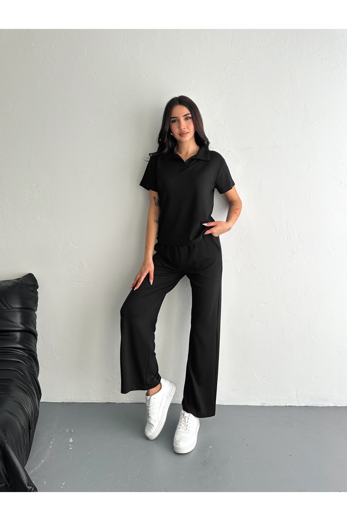 02Lady Fashion-Polo Neck Wide Leg Modal Fabric Short Sleeve Tracksuit Set 3