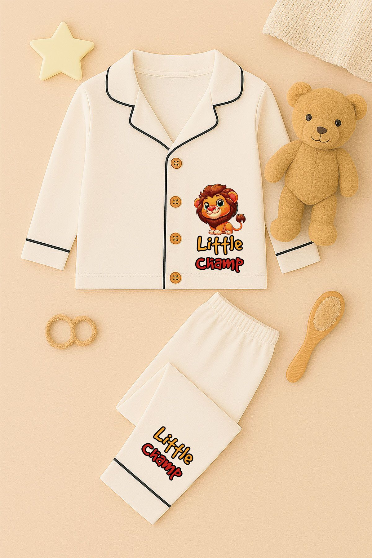 peki baby&kids-Well Girl Boy Soft Combed Cotton Little Champ Lion Print Pajama Set 18850 4