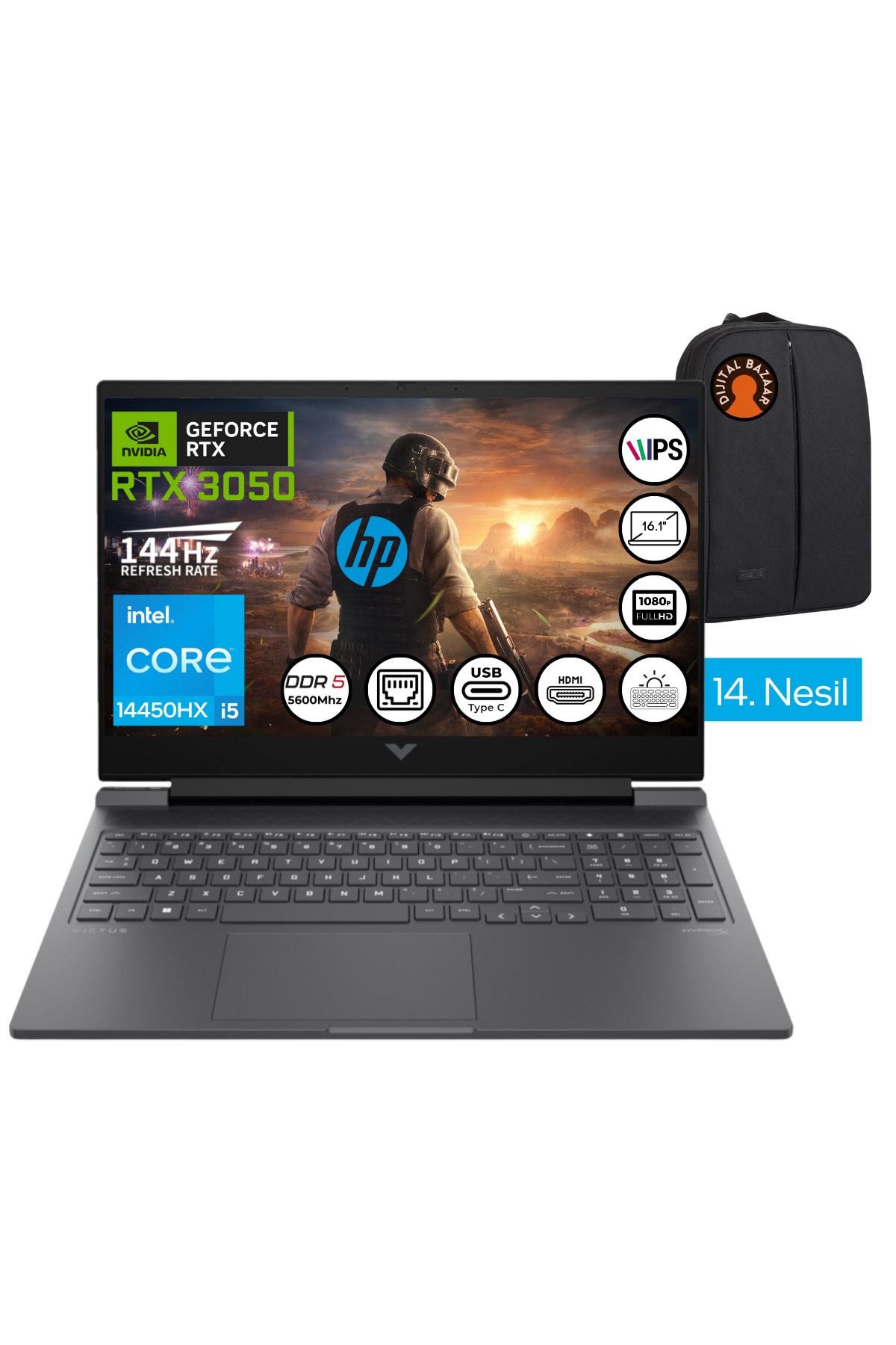HP Victus Intel Core İ5 14450HX 32GB 2TB SSD RTX3050 6GB Fdos 16.1"FHD 144Hz Notebook + DJT Çanta
