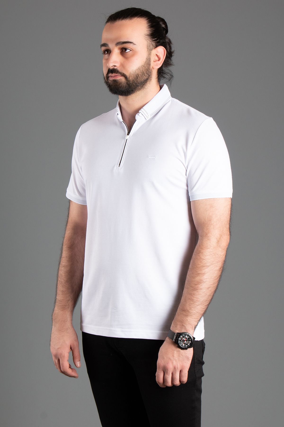 JR9 Triou Polo Alb Cu Fermoar Bărbați Masculin - S