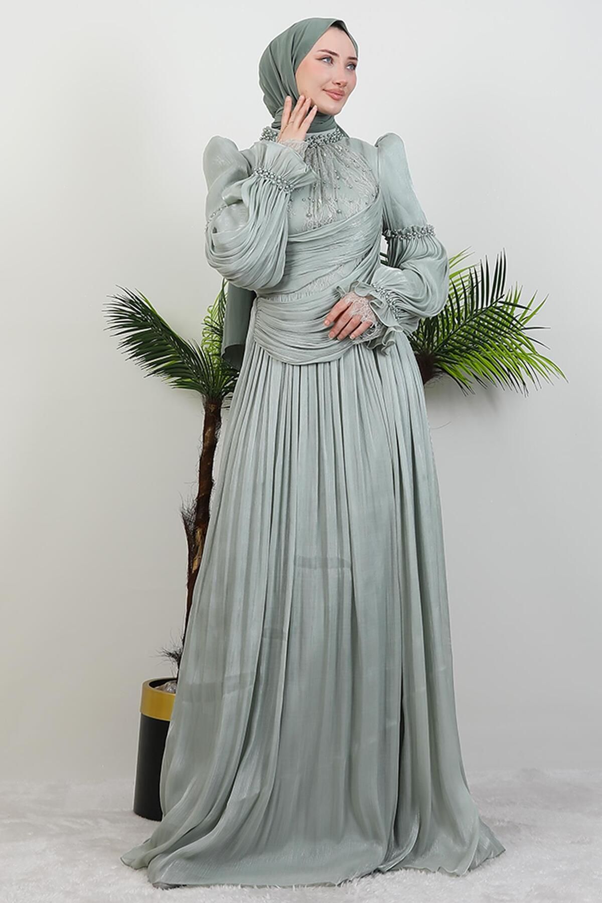 GİYZAMİLA-Lace Detail Yoryo Evening Dress Light Mint 3