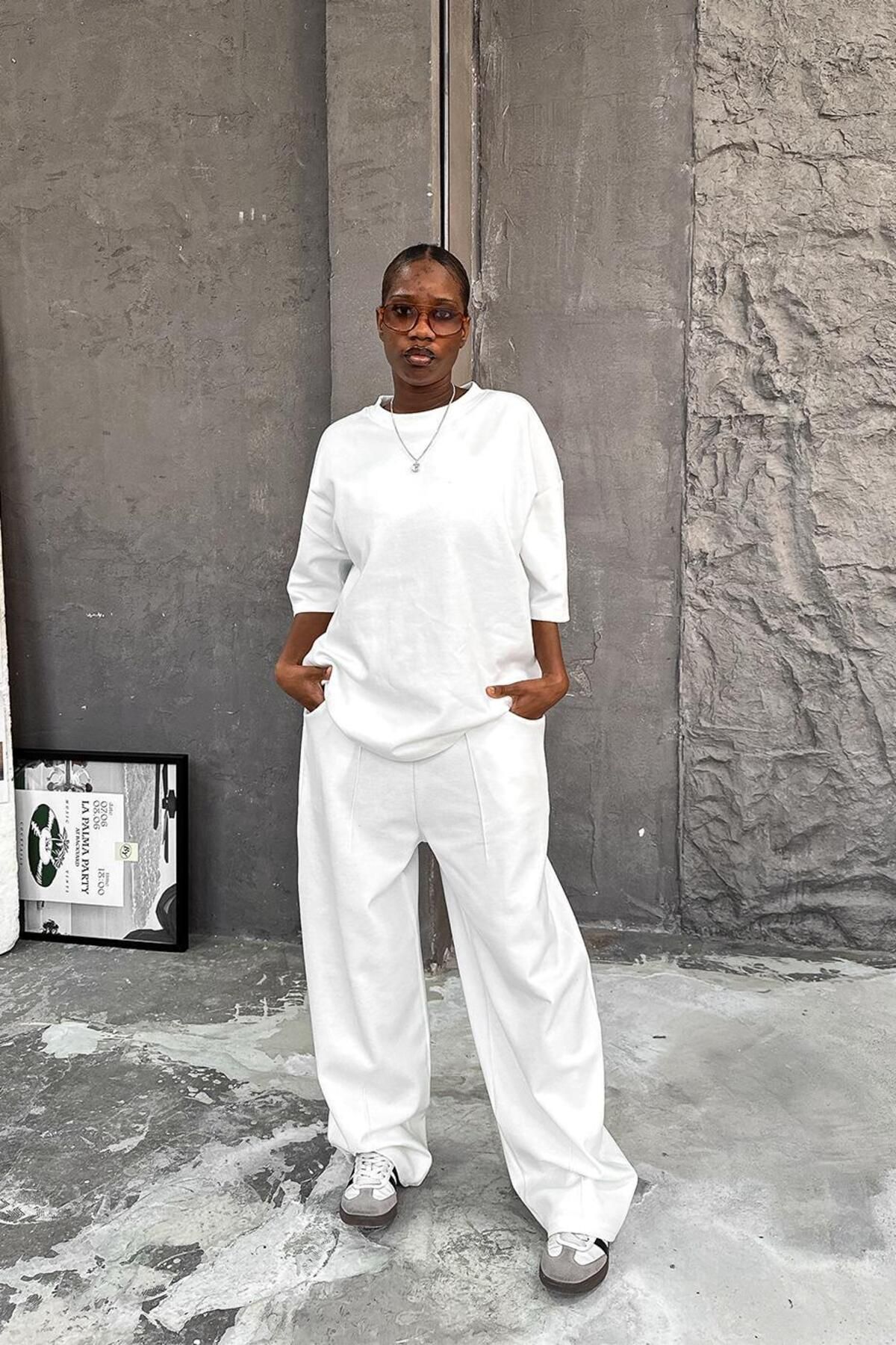 HAFKAGİYİM-White Cozy Premium Pleated Baggy Tracksuit 5