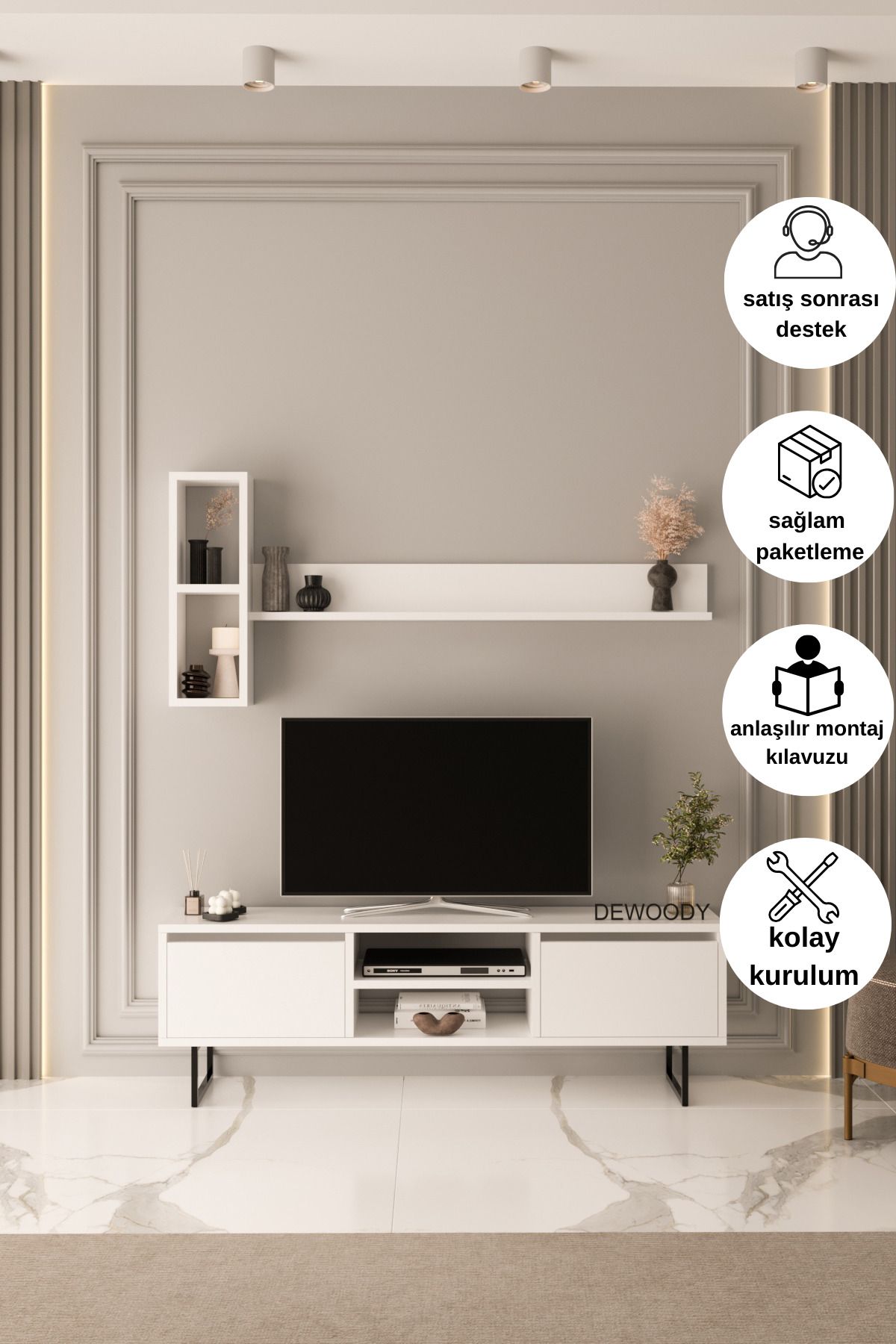 DEWOODY 140 Cm 2 Kapaklı Raflı Kitaplıklı Metal Ayaklı Modern TV Ünitesi TV Sehpası
