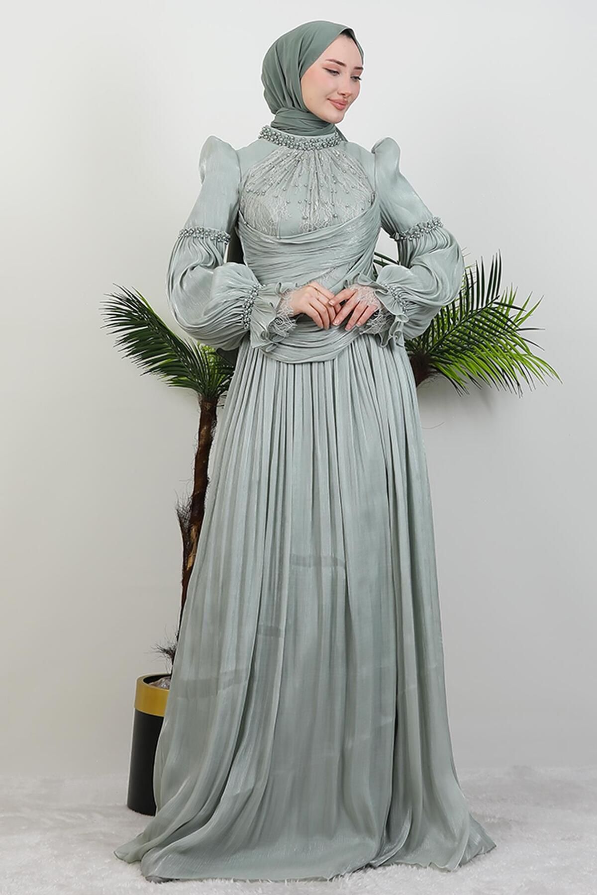 GİYZAMİLA-Lace Detail Yoryo Evening Dress Light Mint 4