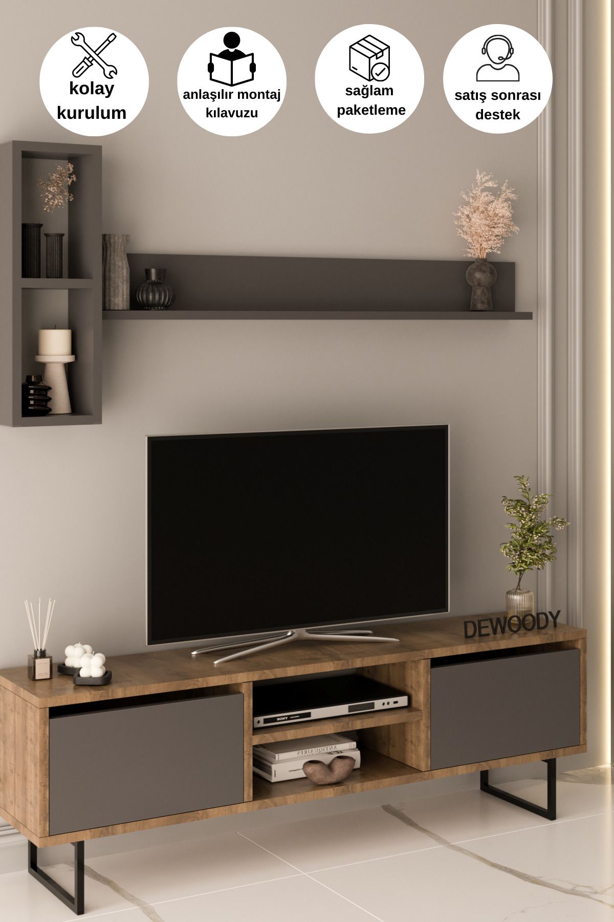 LİYANO 140 Cm 2 Kapaklı Raflı Kitaplıklı Metal Ayaklı Modern TV Ünitesi TV Sehpası