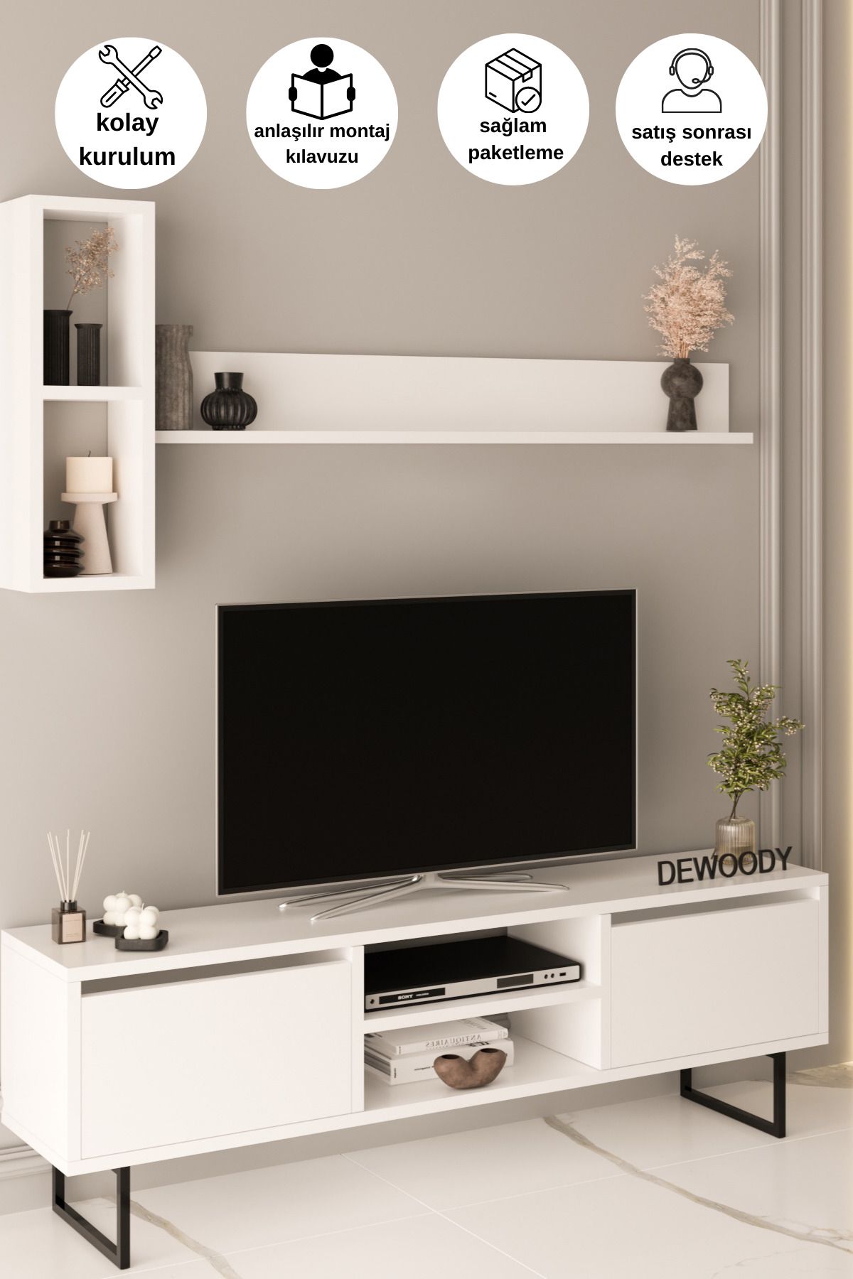 LİYANO 140 Cm 2 Kapaklı Raflı Kitaplıklı Metal Ayaklı Modern TV Ünitesi TV Sehpası