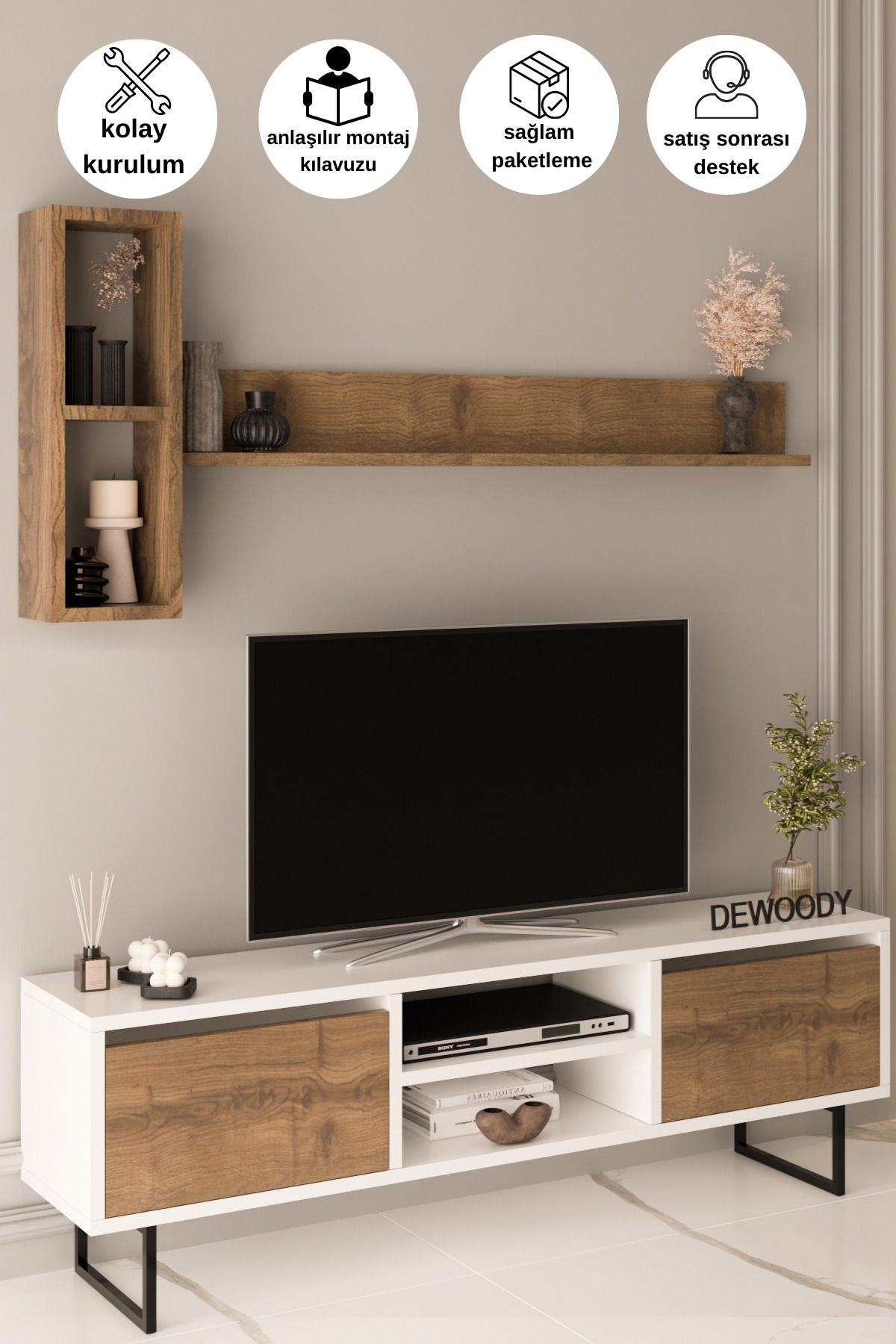 LİYANO 140 Cm 2 Kapaklı Raflı Kitaplıklı Metal Ayaklı Modern TV Ünitesi TV Sehpası