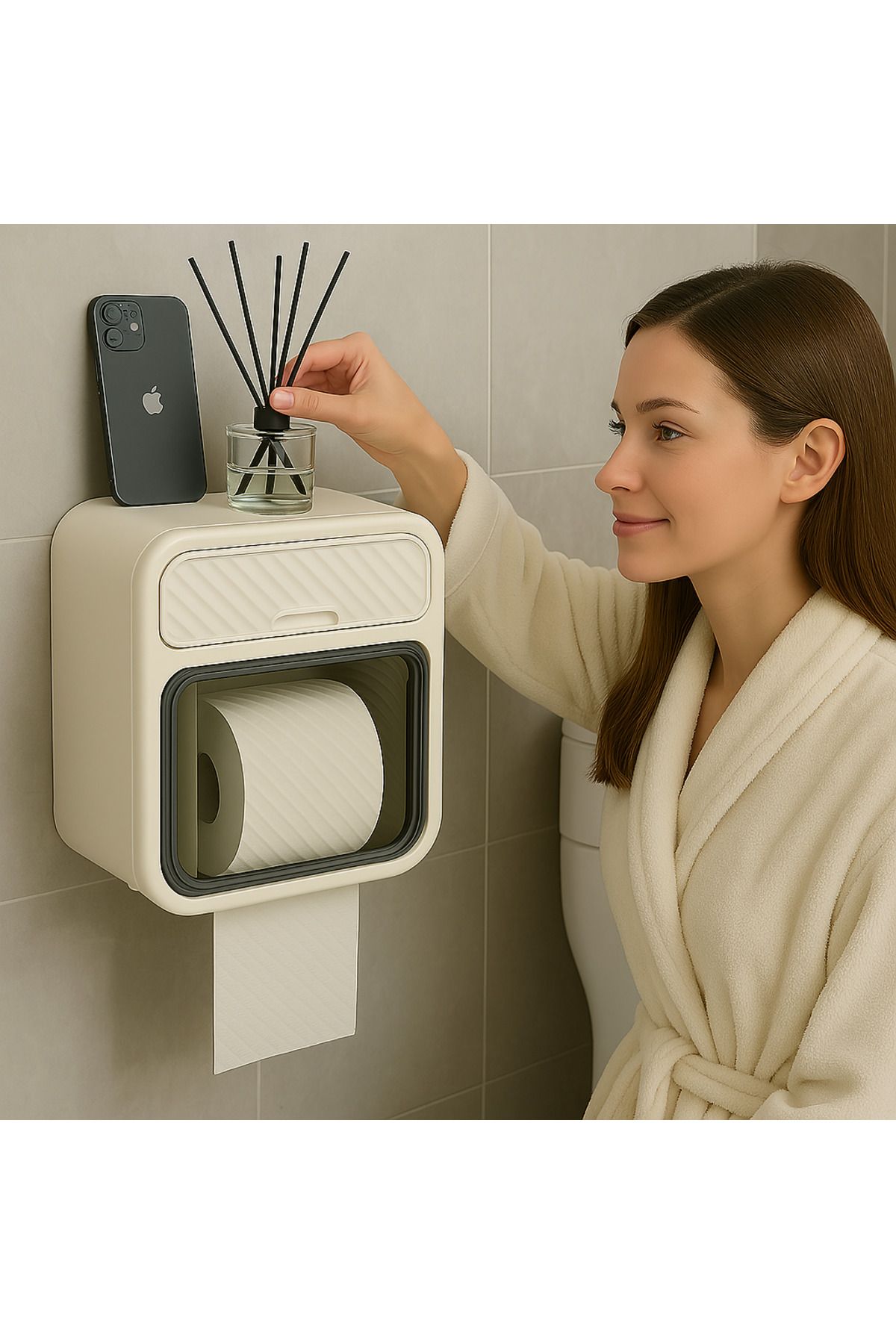 UZUNKAYA HOME Tuvalet Kağıdı Kutusu | Duvar Tipi | Akıllı Telefon Raflı | Banyo Organizeri | Dispenser Yapışkanlı