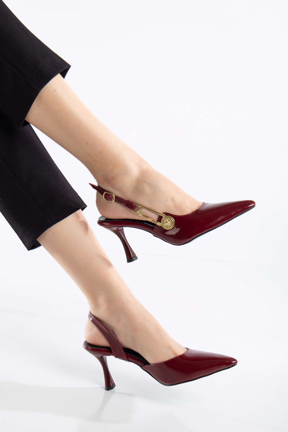 Brielfy  Bordo Kadın Sivri Burun Konik 7cm Topuklu Slingback Yandan Tokalı Yazlık Mezuniyet Ayakkabı - Görsel 5