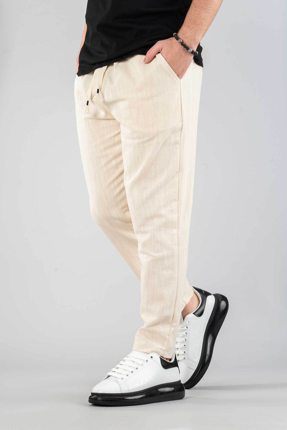bombe-Men's Jogger Linen Pants Elastic Waist Drawstring Cotton Casual Boyfriend Pants 3