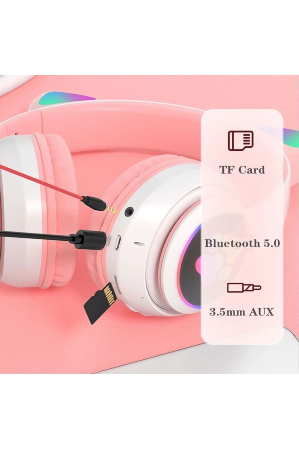 LEERFEI Stn-28 Bluetooth Mikrofonlu Led Işıklı Hafıza Kartı Girişli Kulak Üstü Kedi Kulaklık