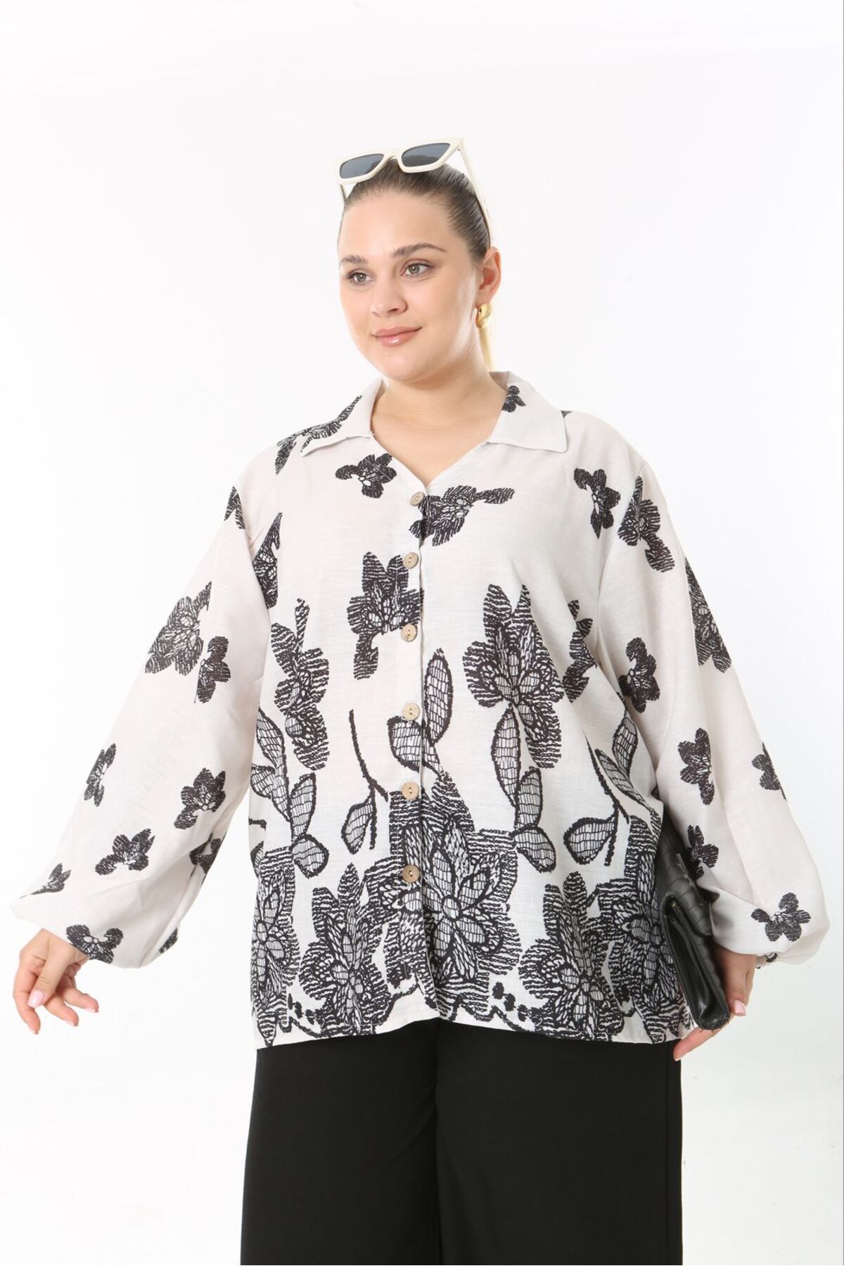 Butik Nilyam-Women's Large Size Balloon Sleeve Detailed Shirt Pants Linen Suit 24748 4