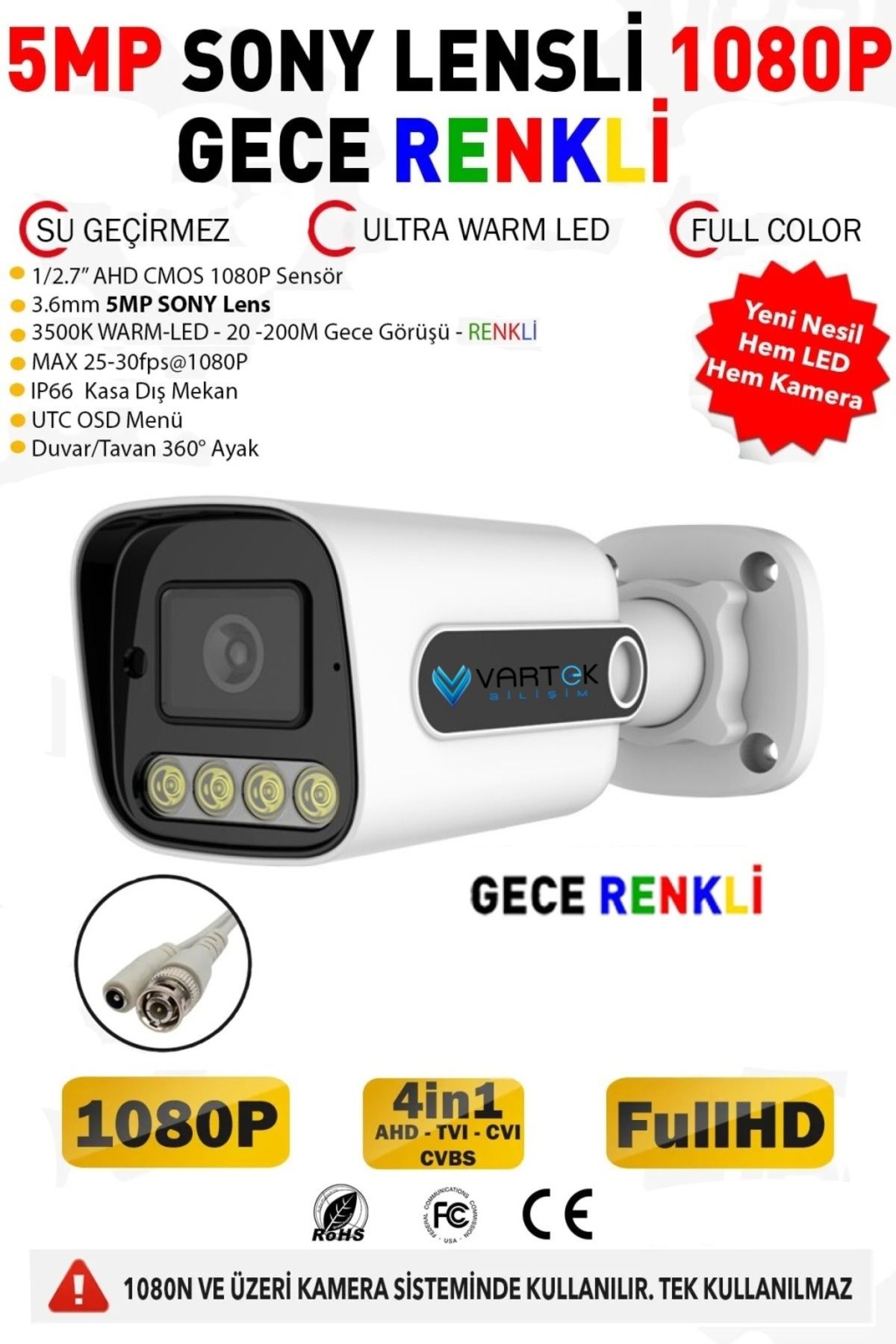 VARTEK BİLİŞİM 5MP SONY LENS Gece Renkli Warm Light 1080P AHD Güvenlik Kamerası